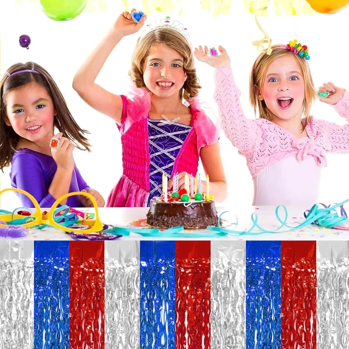 4P Wavy Metallic Tinsel Foil Fringe Table Skirts for Rectangle Tables Backdrop Garland Curtains for Parade Floats Wedding Birthday Parties Decoration Graduation 2025 Christmas (Red Blue White)
