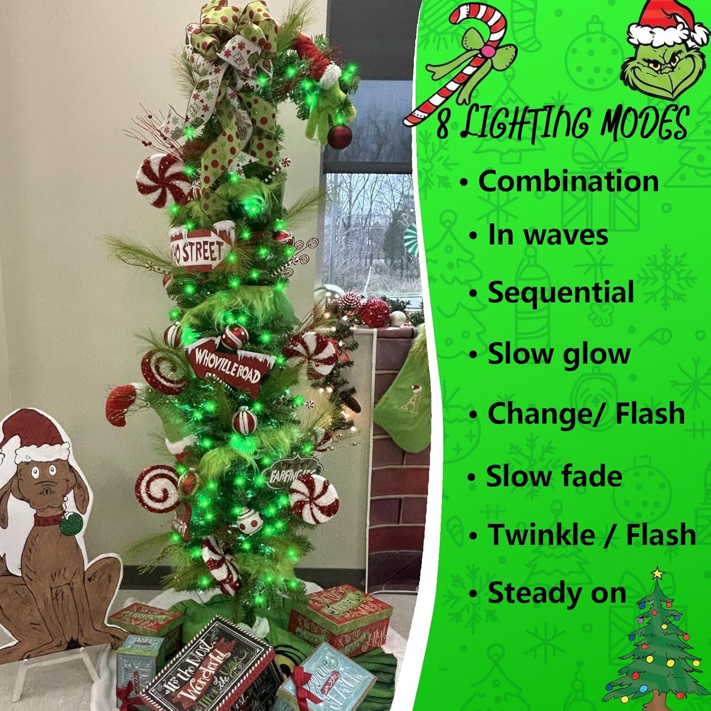 YEGUO 66ft 200 LED Green Halloween Lights Outdoor Waterproof, Green Wire Christmas String Lights Indoor, 8 Modes Twinkle Tree Lights Plug in with Timer Memory