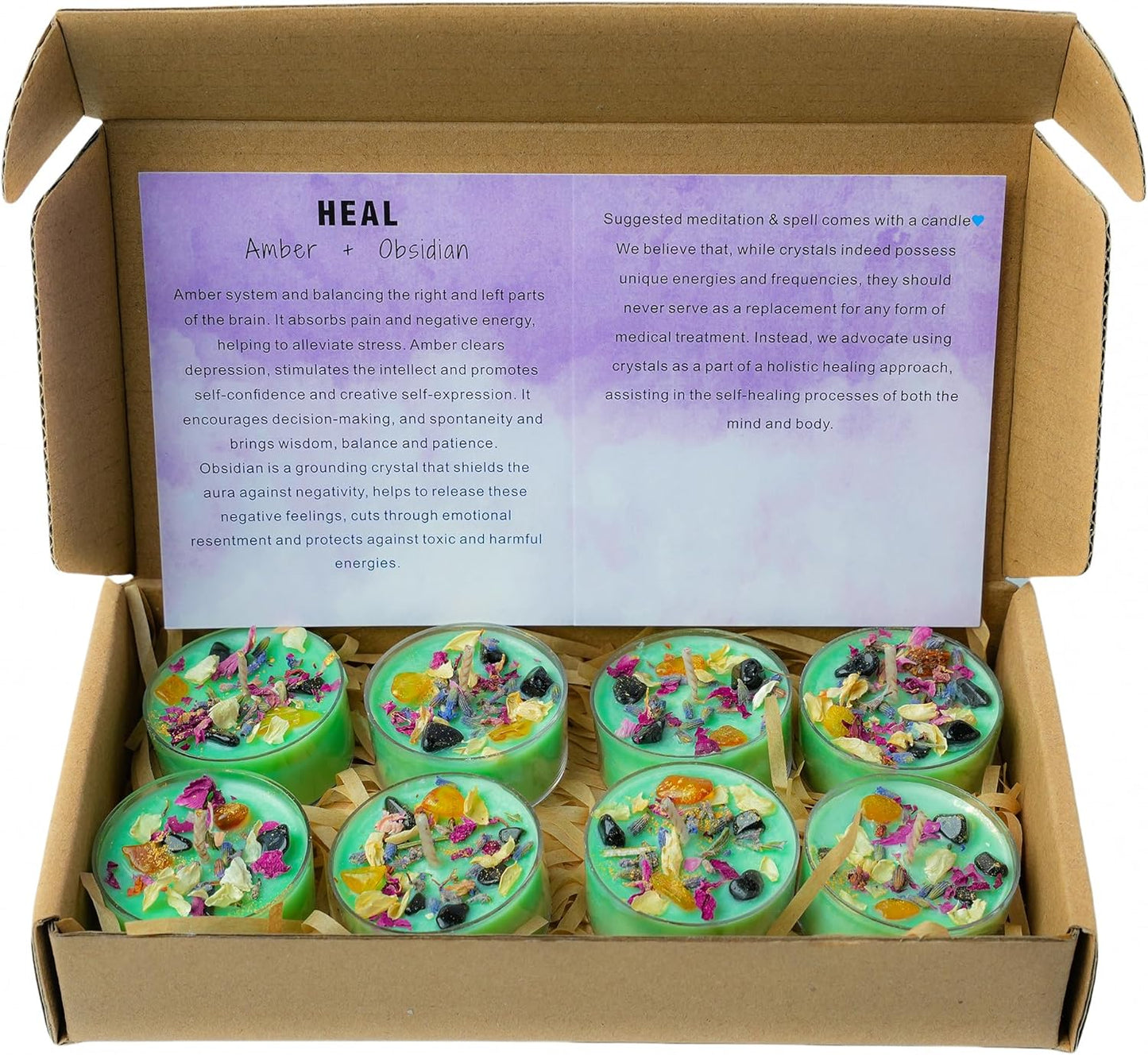 Tealight Soy Candles with Crystals And Herbs, Handmade Energy Candles, Healing Crystal Soy Candles, Aromatherapy Candles. (Green)