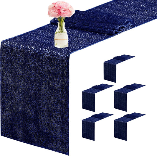 6 Packs 12 x 72 inches Sequin Table Runner, Navy Blue Glitter Table Runner for Birthday Party Supplies Wedding Engagement Baby Shower Holiday Celebration Event Decorations