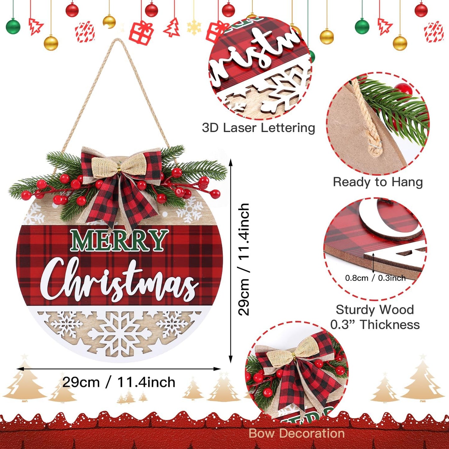 CHDITB 3D Merry Christmas Front Door Sign Wreath(11.4”), Red Black Bufflao Plaid Christmas Decoration Wall Hanging with Snowflakes Berries Mistletoe, Rustic Farmhouse Xmas Decor for Home Winter Party