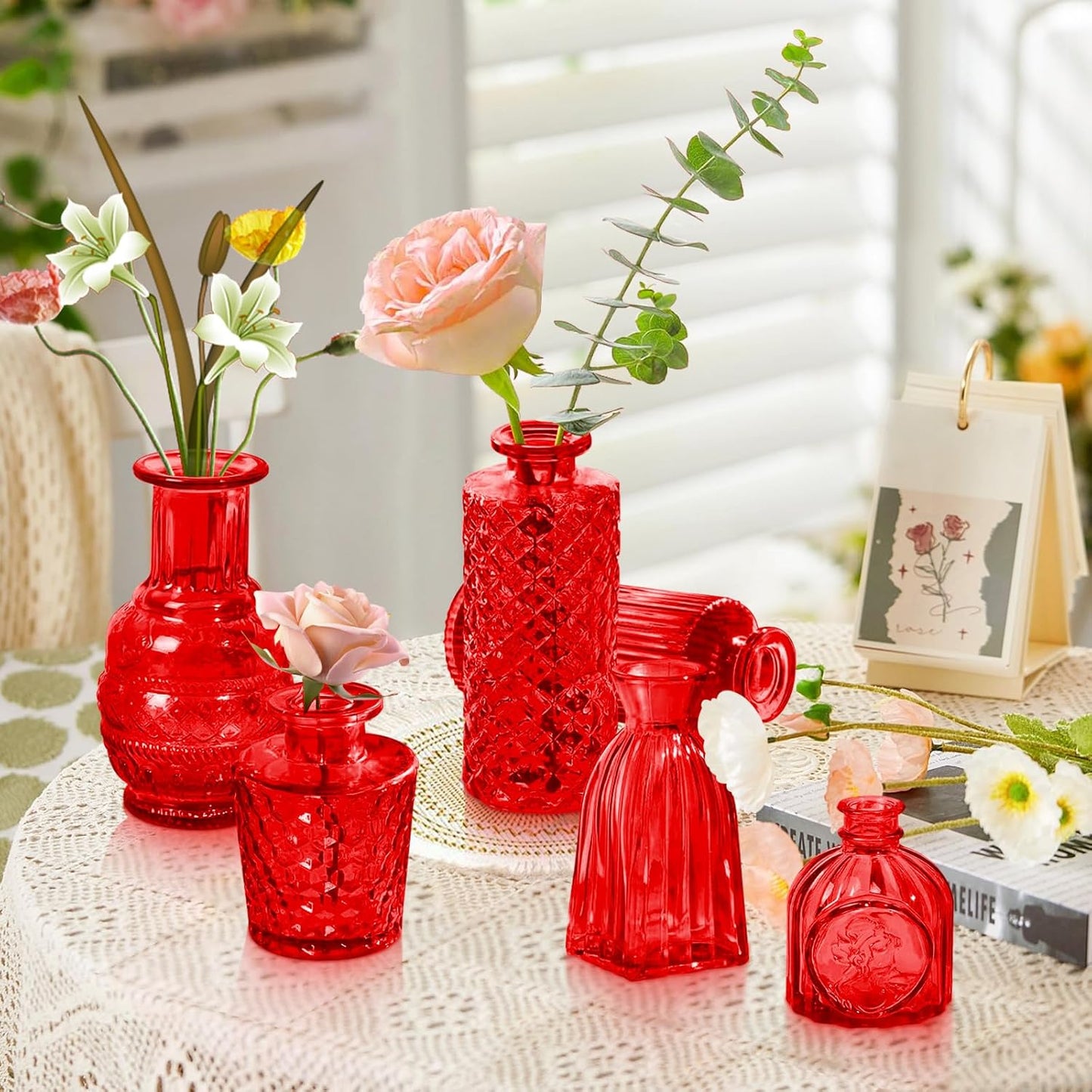 Red Glass Bud Vases Set, 24 Pcs Vintage Small Vases for Flowers, Crystal Mini Glasses in Bulk, Small Flower Design for Centerpieces Wedding Decorations Home Flower Party Decor
