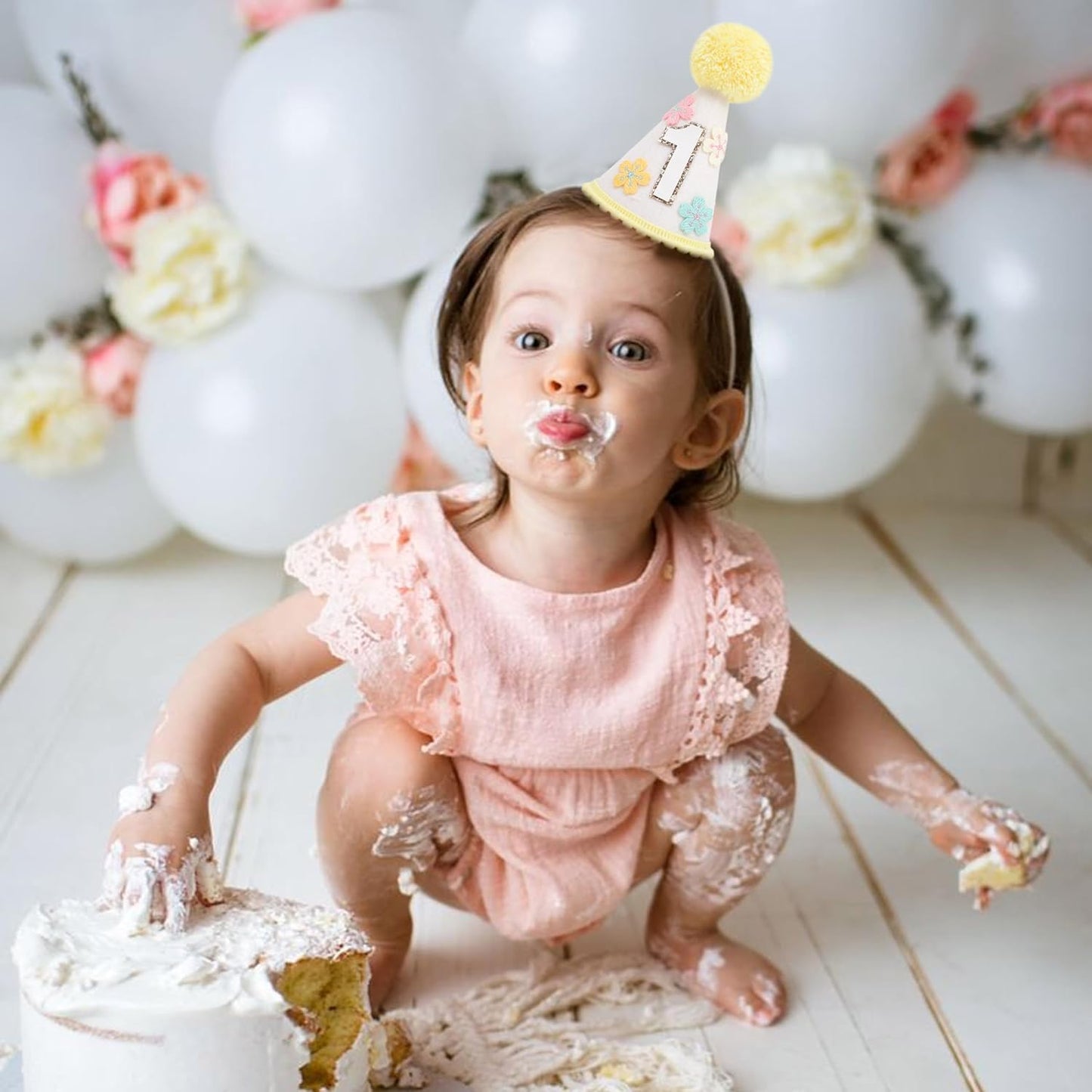 WAUAO Colorful Flower 1st Birthday Cone Hat for Girls - Cute & Adorable Floral Crown, First Birthday Decorations