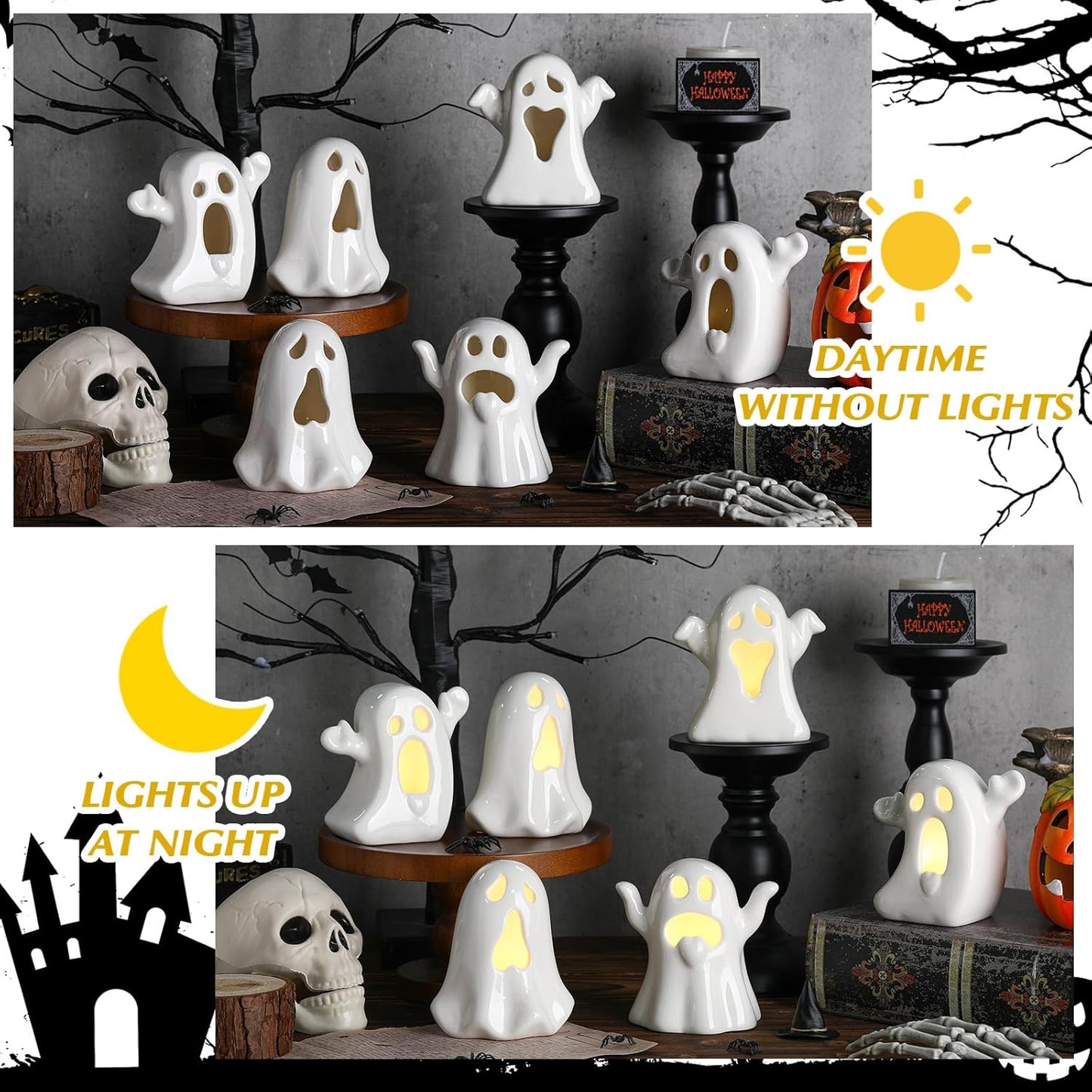 Wesiti 6 Pcs Ceramic Ghost Light up Halloween Decorations Indoor Small White Ghost Figurines Gothic Home Decor Spooky Statue Gift for Desk Tabletop Centerpieces Party Props