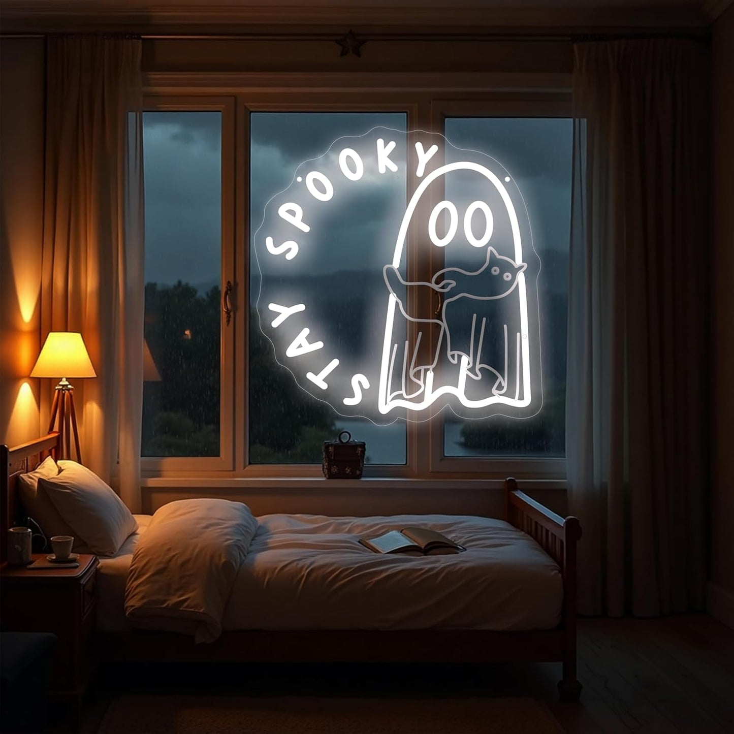 Ghost holding a cat Stay Spooky Neon Sign, Funny Halloween Party Wall Decor, Spooky Season Room Sign for Boo Wall Decor Neon Light for Bar Man Cave Home Yard Decoration Funny Spooky Vibes-White