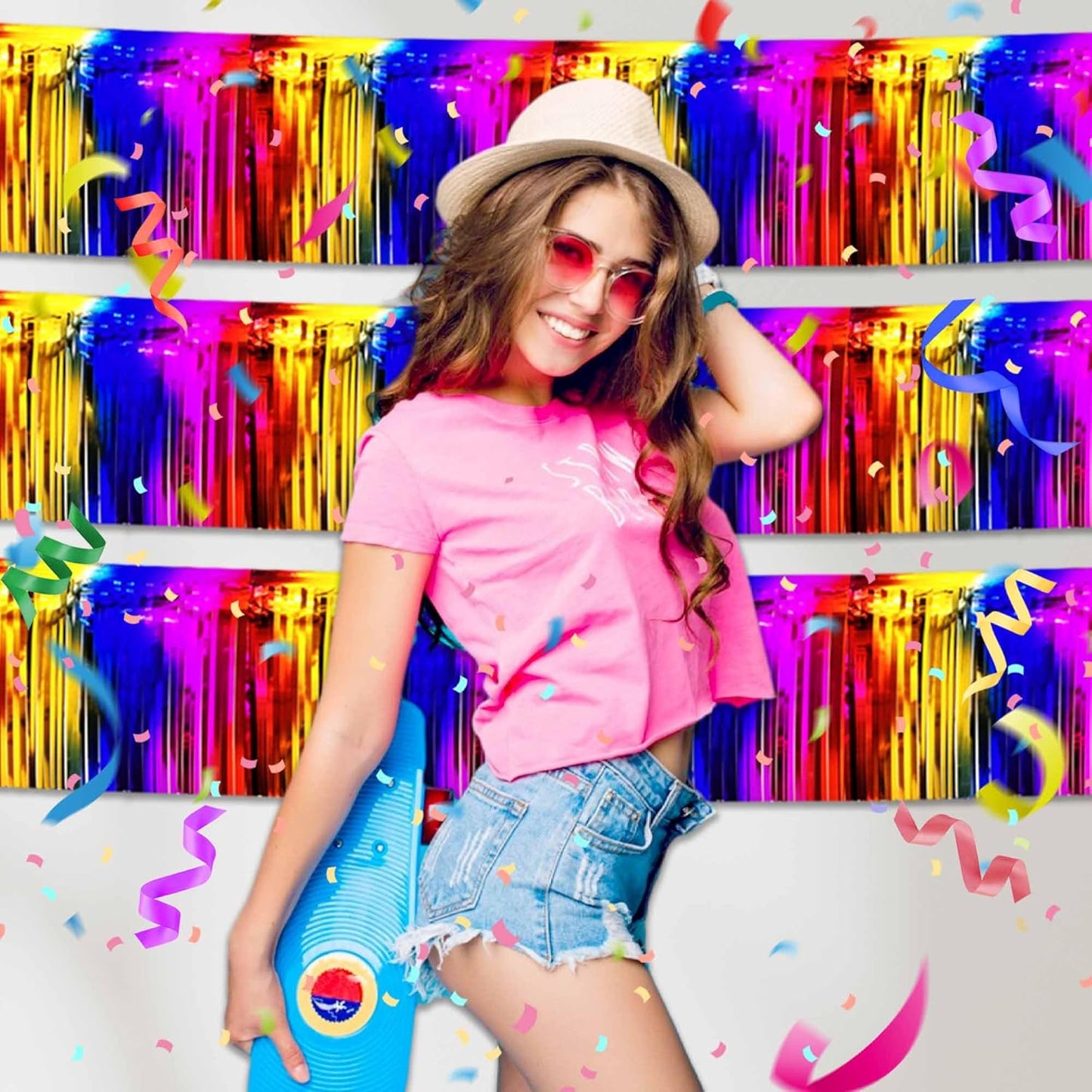 4 Pack 10 Ft Rainbow Foil Fringe Garland Metallic Streamers Tinsel Banner Wall Hanging Garland Backdrop for Parade Floats, Halloween, Christmas, Thanksgiving, New Year Party Decorations