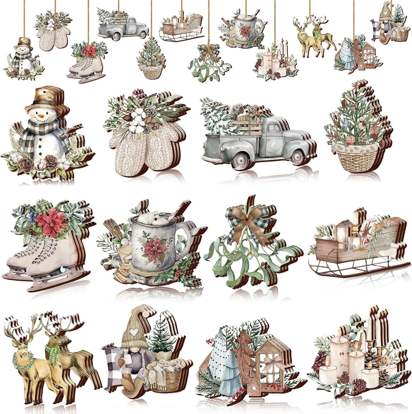 Suzile 36 Pcs Christmas Wooden Ornaments Vintage Christmas Tree Ornaments Xmas Decorations for Tree Wreaths Xmas Hanging Wood Cutouts Decor for Home Winter Party