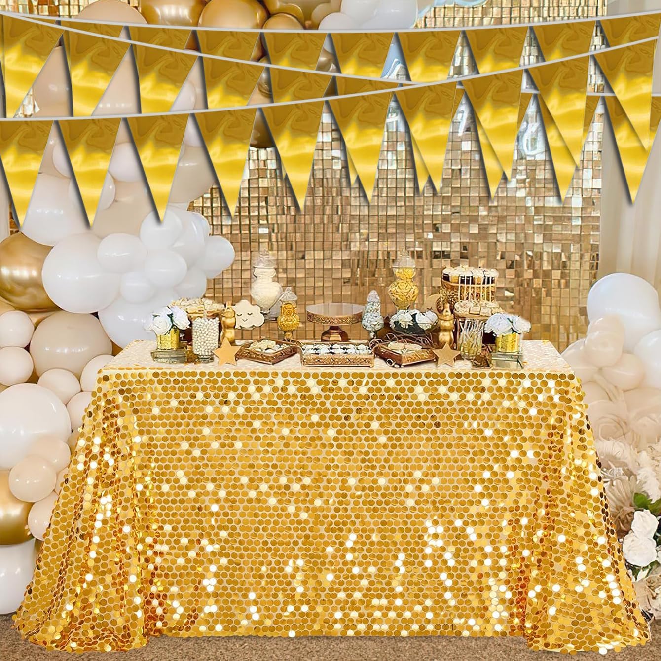 20M/65FT Gold Triangle Pennant Banner Flag Metallic Fabric Bunting Garland for Christmas Graduation Wedding Engagement Anniversary Bachelorette Birthday Bridal Shower Valentines Hen Party Supplies