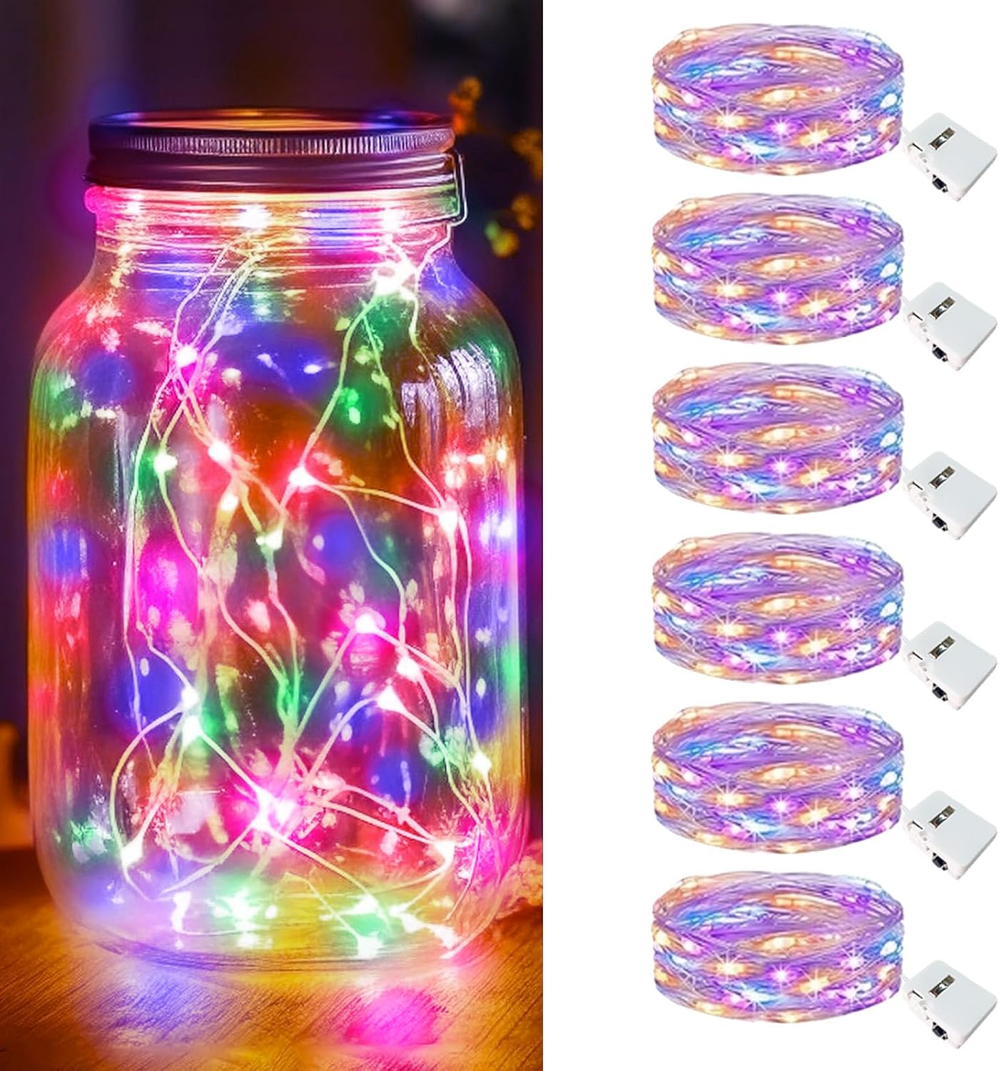 kolpop 6 Pack LED Fairy Lights Battery Operated, Mini Twinkle String Lights Battery Powered Waterproof for Christmas Mason Jars Party,Multicolor