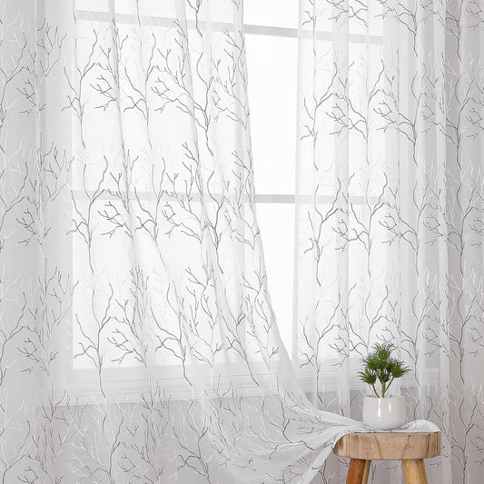 VISIONTEX Sheer Curtains 72 inch Length 2 Panels Set, Decorative Grey Coral Embroidery, Rod Pocket Embroidered Window Drapes for Living Room and Bedroom, 54" x 72"