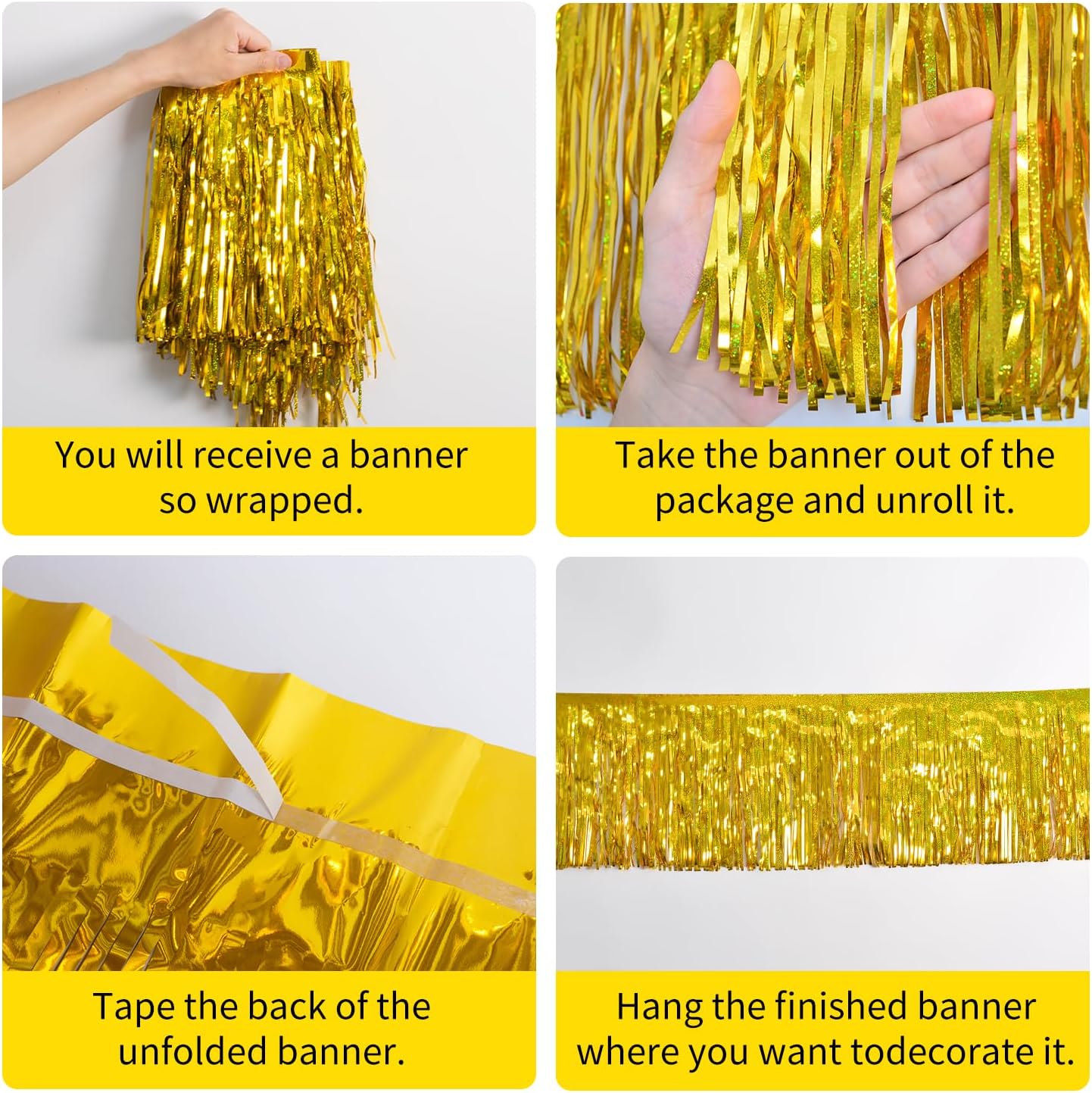 Laser Gold Christmas Decorations Tinsel Garland Parade Float Decorations for Trailer 4Pack 12FT Christmas Party Decor Ceiling Fringe Banner Gold Backdrop for Streamers Party Decorations