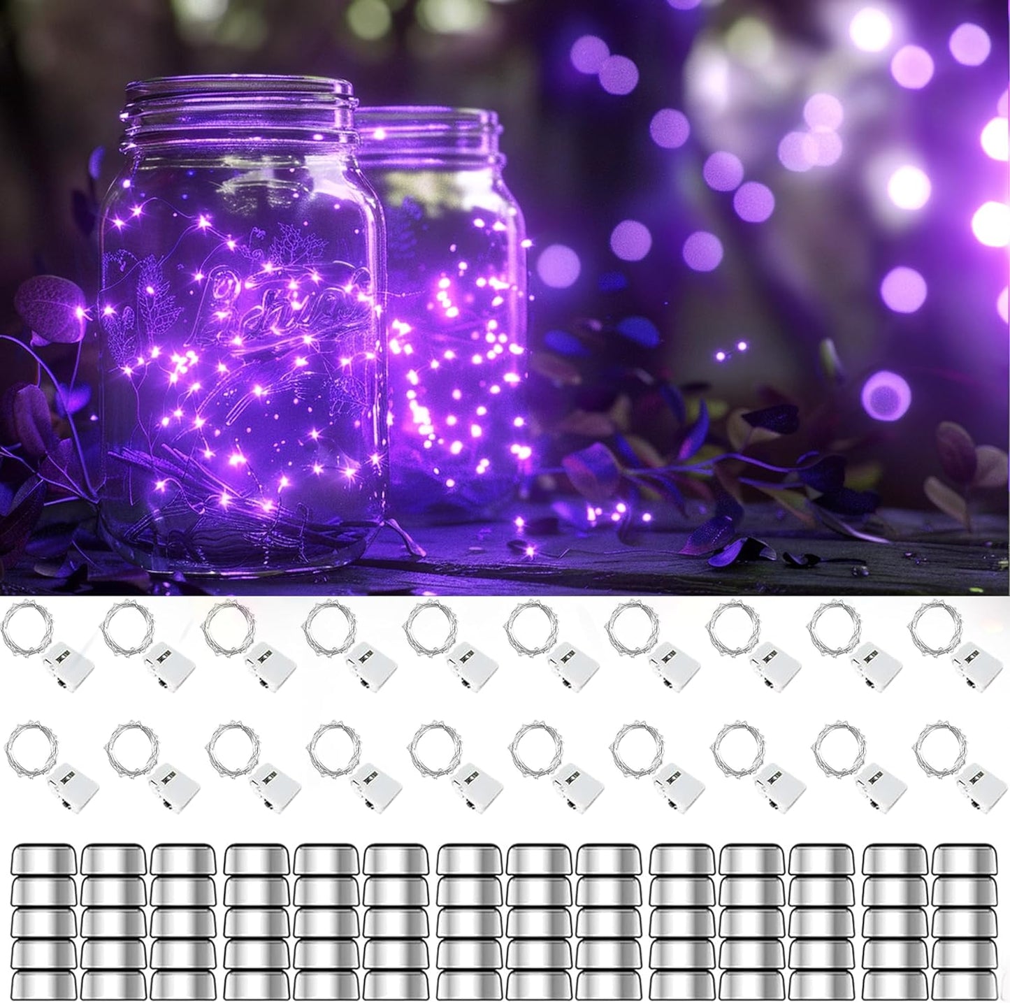 20 Pack Fairy Lights Battery Operated 60 Extra Batteries, 3 Modes 6.5ft 20 LED Mini String Lights, Waterproof Silver Wire Firefly Starry Lights for DIY Wedding Christmas Party, Purple