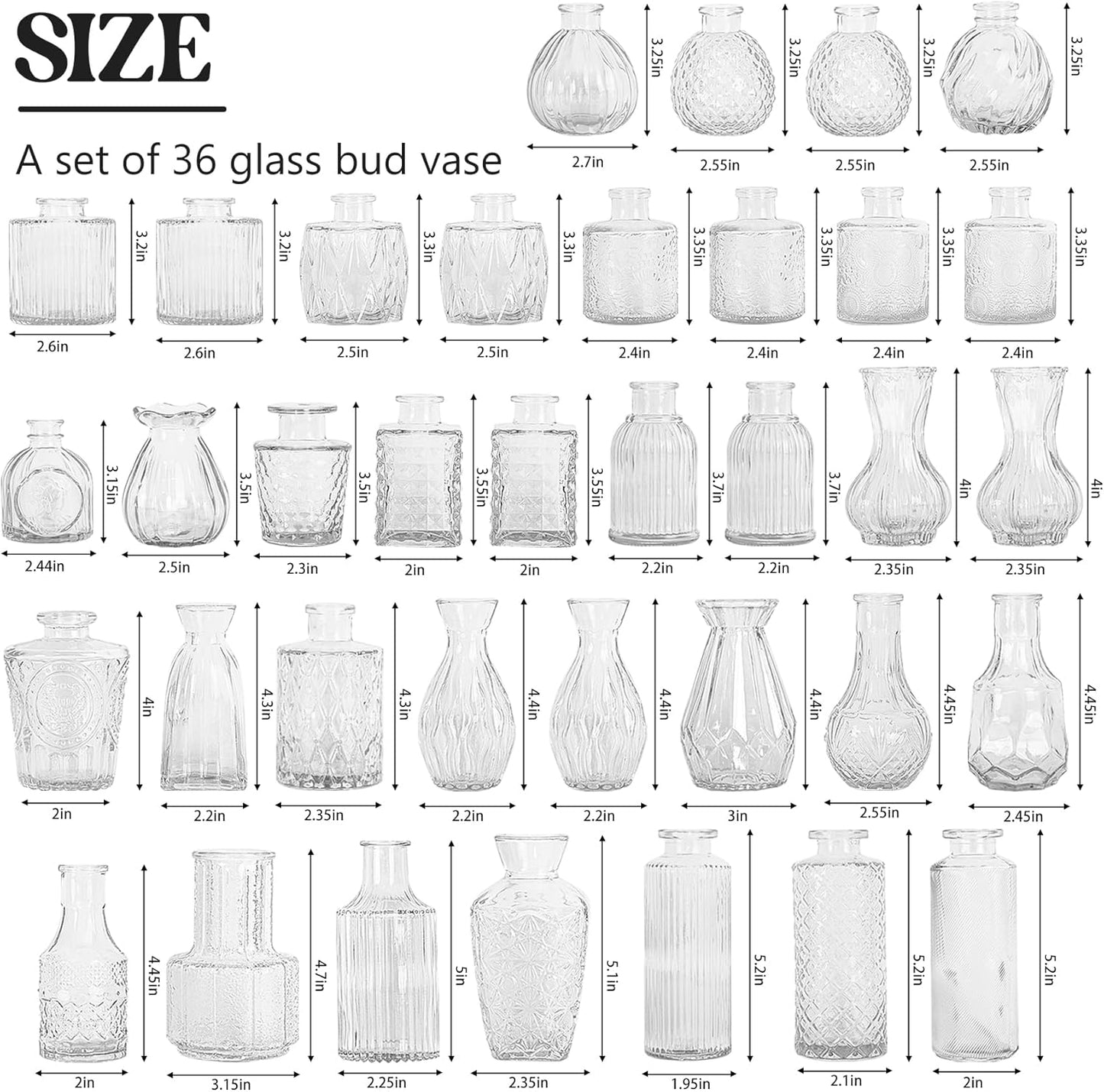 Set of 36 Glass Bud Vase Set, Small Vintage Clear Flower Vase Centerpieces for Table Bulk Cute Rustic Style Mini Vase for Home Decor Wedding Baby Shower Birthday Party