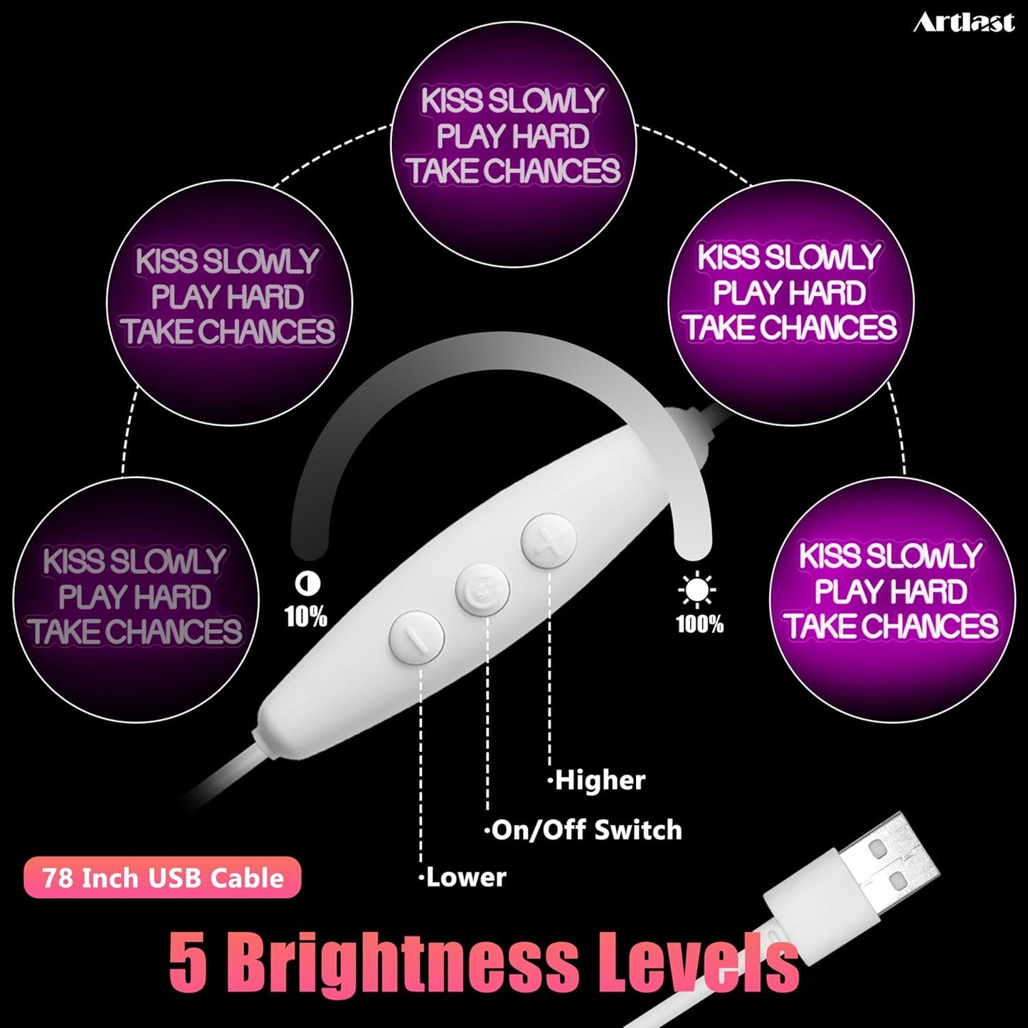 Kiss Slowly Play Hard Take Chances Neon Sign Pink LED Light Inspirational Wall Decor Motivational Gift for Bedroom Living Room Party Home