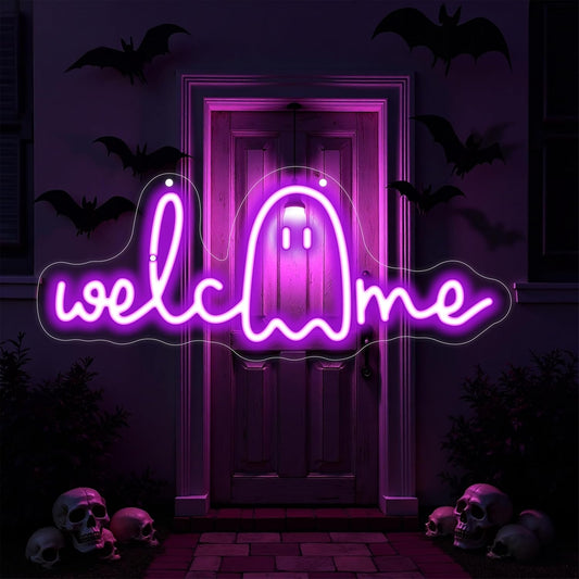 Halloween Welcome Ghouls Neon Sign, Spooky Ghost LED Halloween Decor, Haunted House Entryway Light, Available Gothic Haunted Mansion Light for Bedroom Bar Cave Room Decor Party Home-Purple