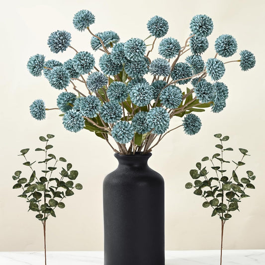 Waipfaru 10pcs Fake Silk Pompon Mum Artificial Flowers, Bulk Faux Mini Chrysanthemums with 2pcs Eucalyptus Stems, for Centerpieces Wedding Fillers Champagne Arrangements Shower Decorations, Blue