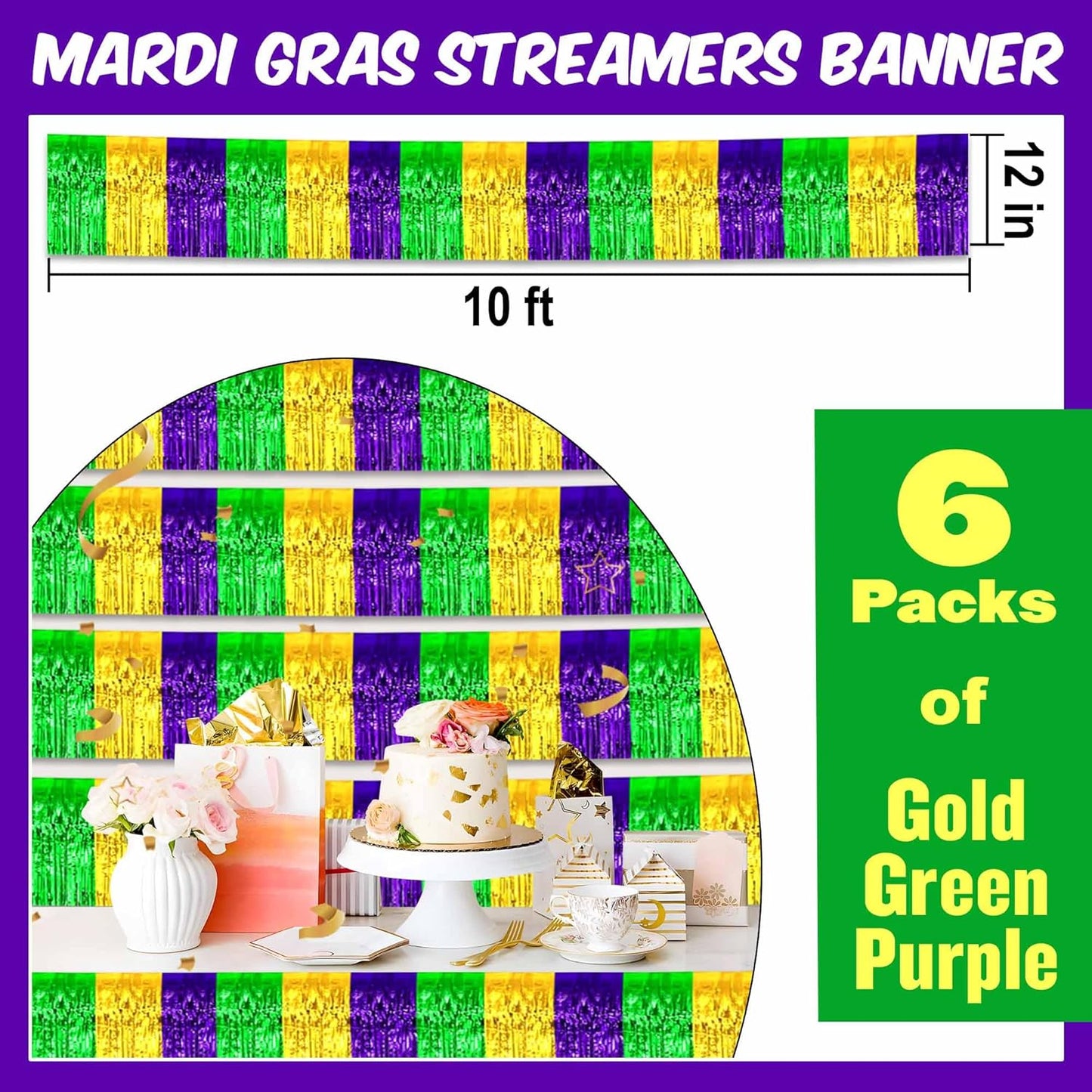 6 Pack 10 Ft Gold Green Purple Foil Fringe Garland Metallic Streamers Tinsel Banner Wall Hanging Garland Backdrop for Parade Floats, Halloween, Christmas, Thanksgiving, New Year Party Decorations