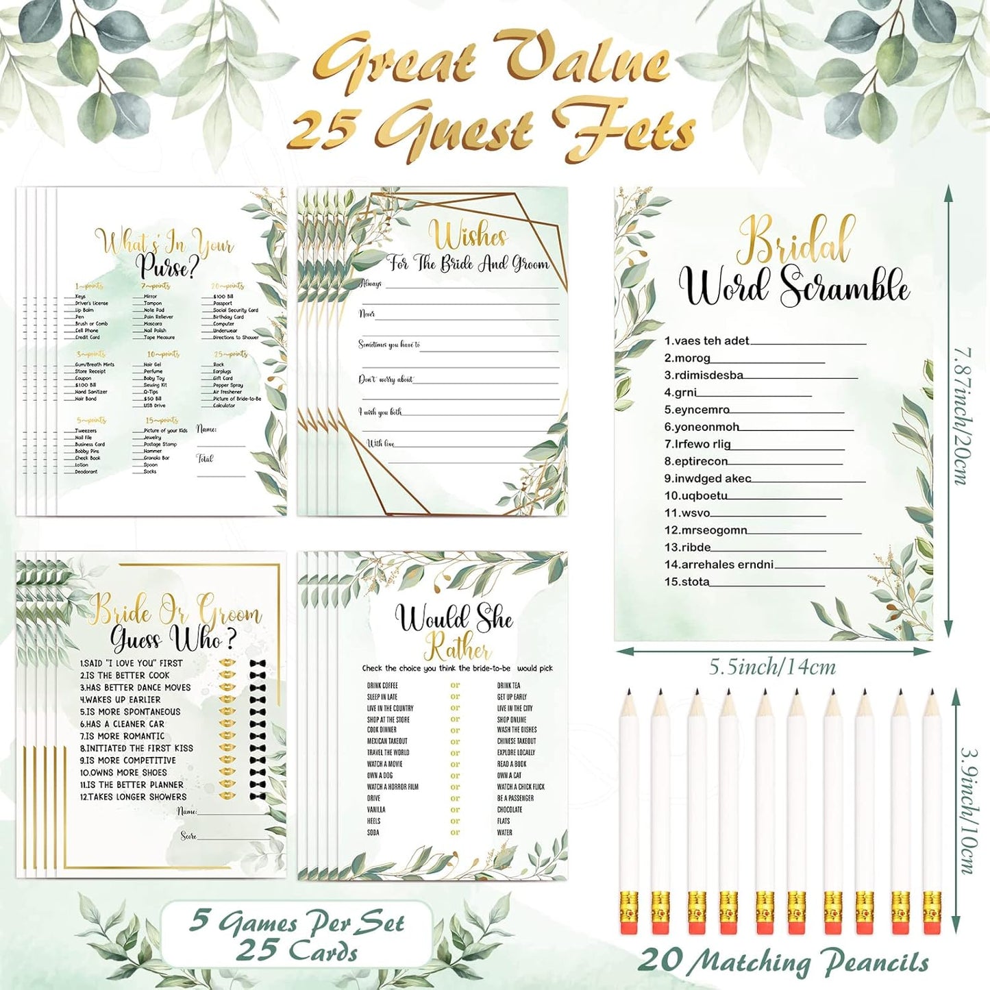 Teling 145 Pieces Bridal Shower Game Bridal Shower Favors Set Wedding Games Cards and Pencils for Bride Groom Bachelorette Party Wedding Party Favor(Eucalyptus Style)