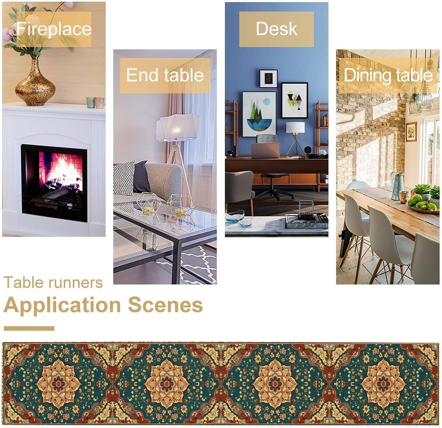 Boho Rich Table Runner, Vintage Blue Teal Gold Retro Flower Rustic Country Style Floral Print Pattern for Home Kitchen Table Decor Dining Coffee Room Garden Party Decor 13x90in