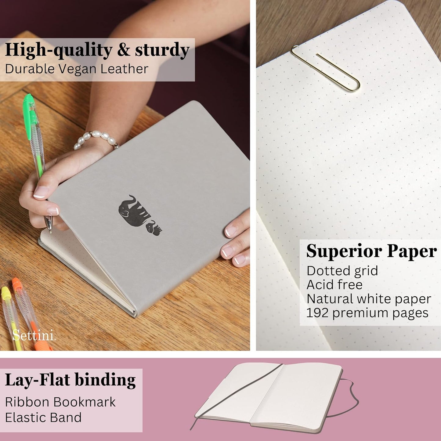 SETTINI Dotted Journal, Ideal for Bullet Journaling - A5 Vegan Leather Notebook, 192 Archival-Quality Pages, QuillEase Bleed-Free Paper, Inner Pocket & Bookmark - Elephant Gifts for Women & Men, Grey Elephants