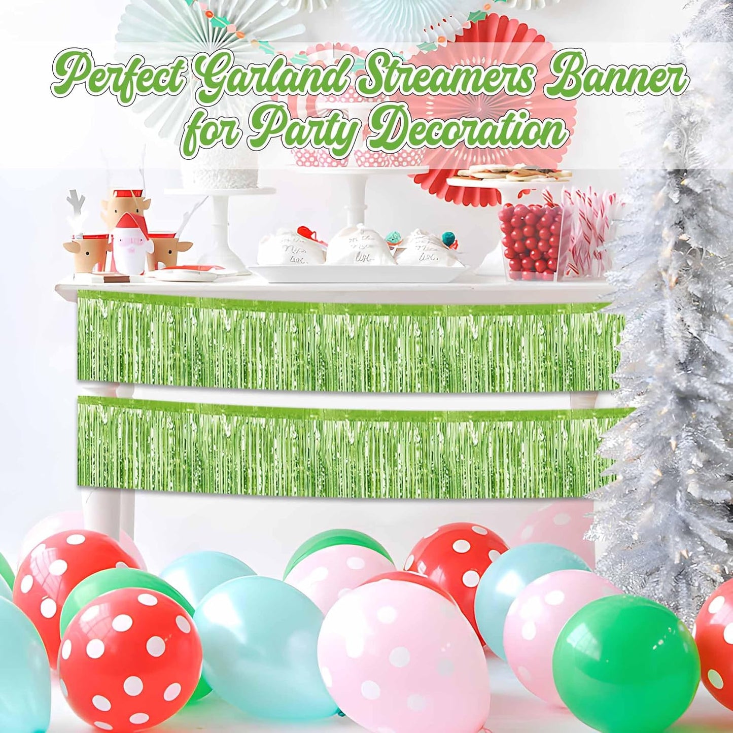 4 Pack 10 Ft Light Green Foil Fringe Garland Metallic Streamers Tinsel Banner Wall Hanging Garland Backdrop for Parade Floats, Halloween, Christmas, Thanksgiving, New Year Party Decorations