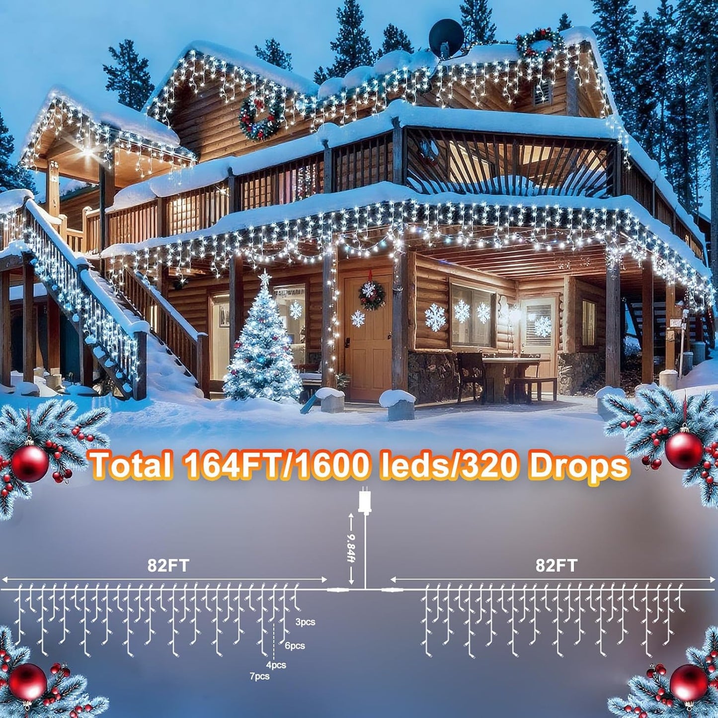 KNONEW 164FT 1600 LED Christmas Lights Outdoor Decoration White Timer 8Modes Hanging Fairy String Lights with 320 Drops, Plug in Waterproof Indoor Decor for Holiday Wedding Party Window Garden