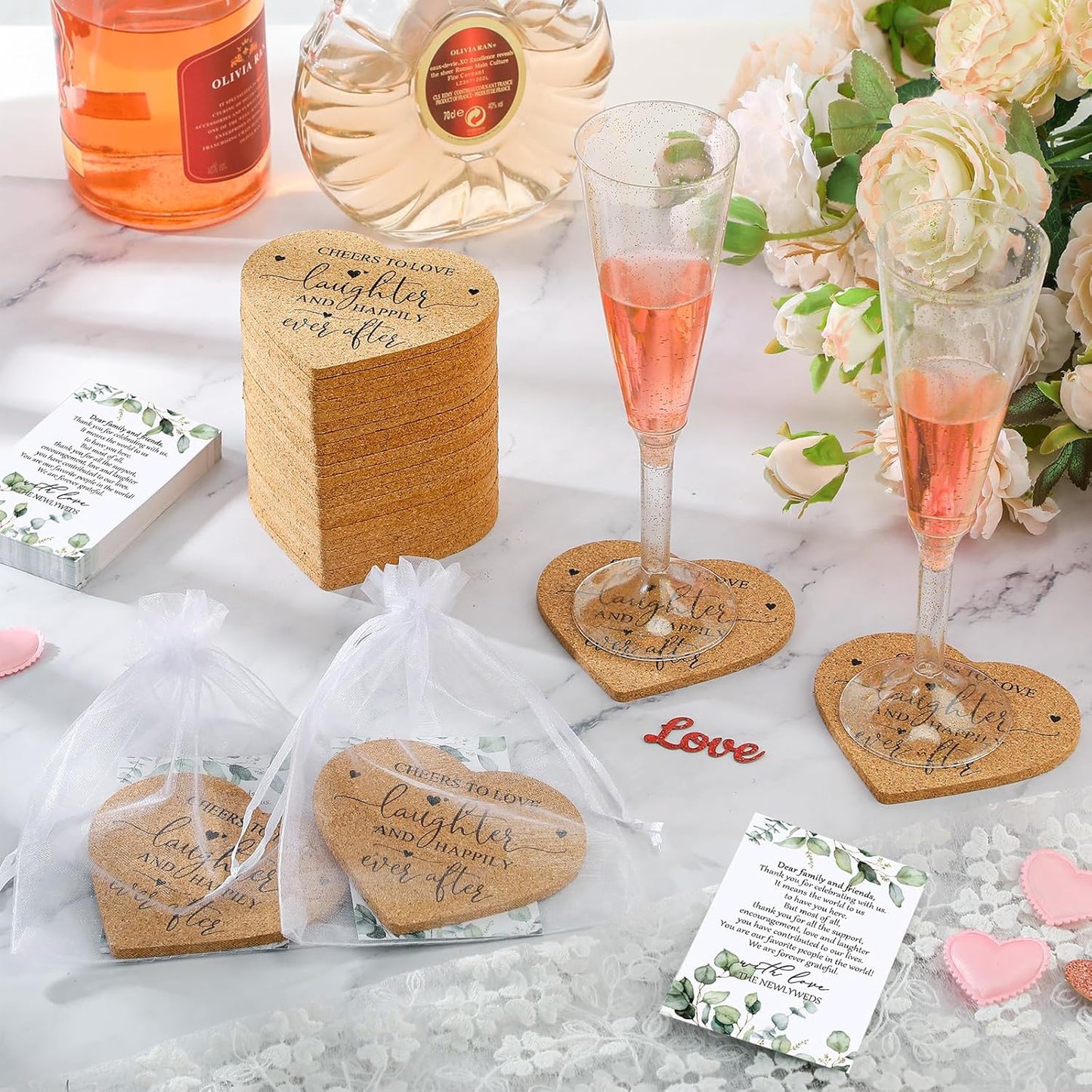 Uiifan 150 Set Wedding Favors for Guest Coaster Gifts Bulk Heart Shaped Coasters Thank You Cards Organza Bags Guest Souvenirs for Wedding Party Bridal Favors