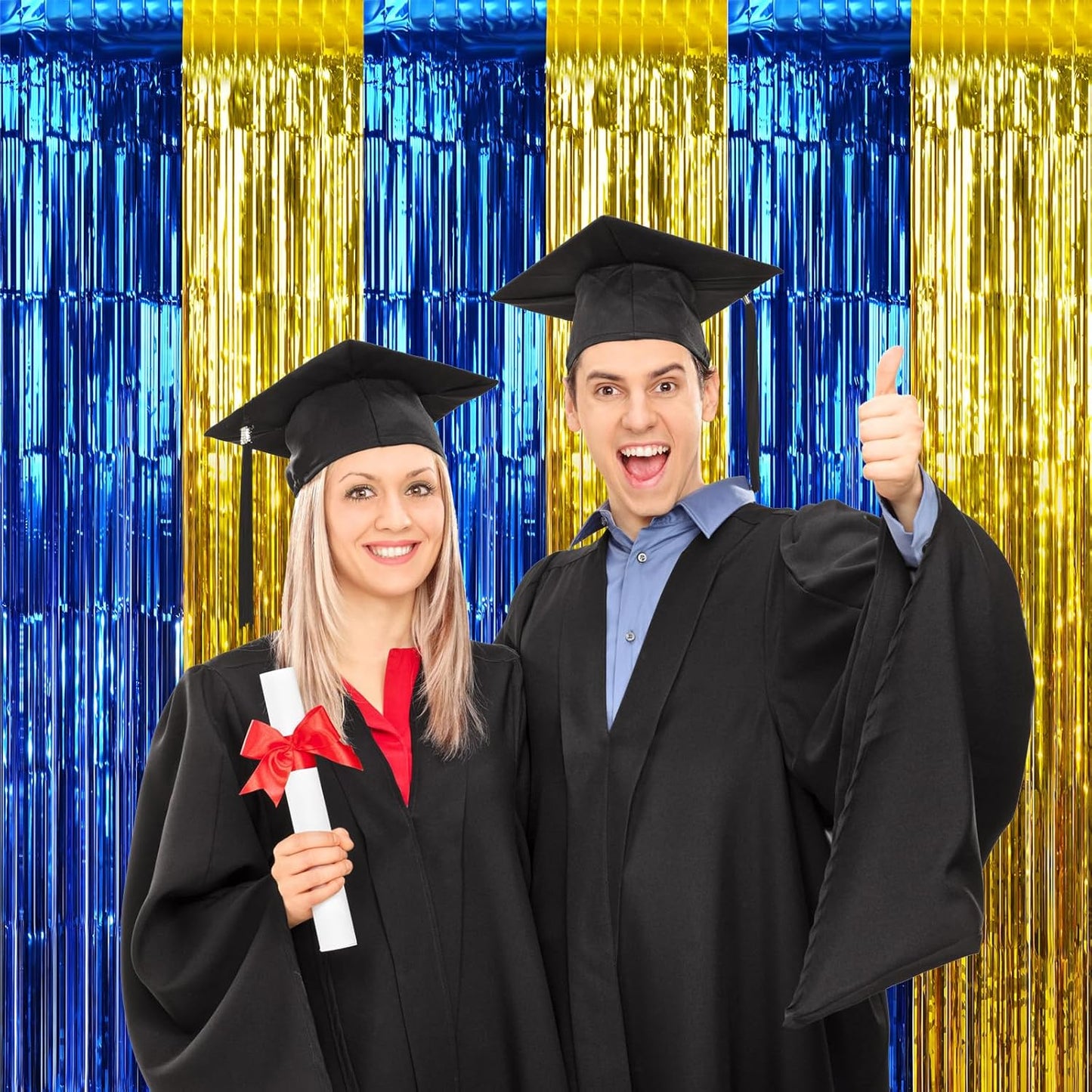 3 Pack 3.3Ft x 6.6Ft Graduation Foil Fringe Curtain Backdrop Decorations, Blue Gold Metallic Tinsel Foil Streamers Curtain Photo Booth Background for Graduation Prom Wedding Birthday Party Decorations