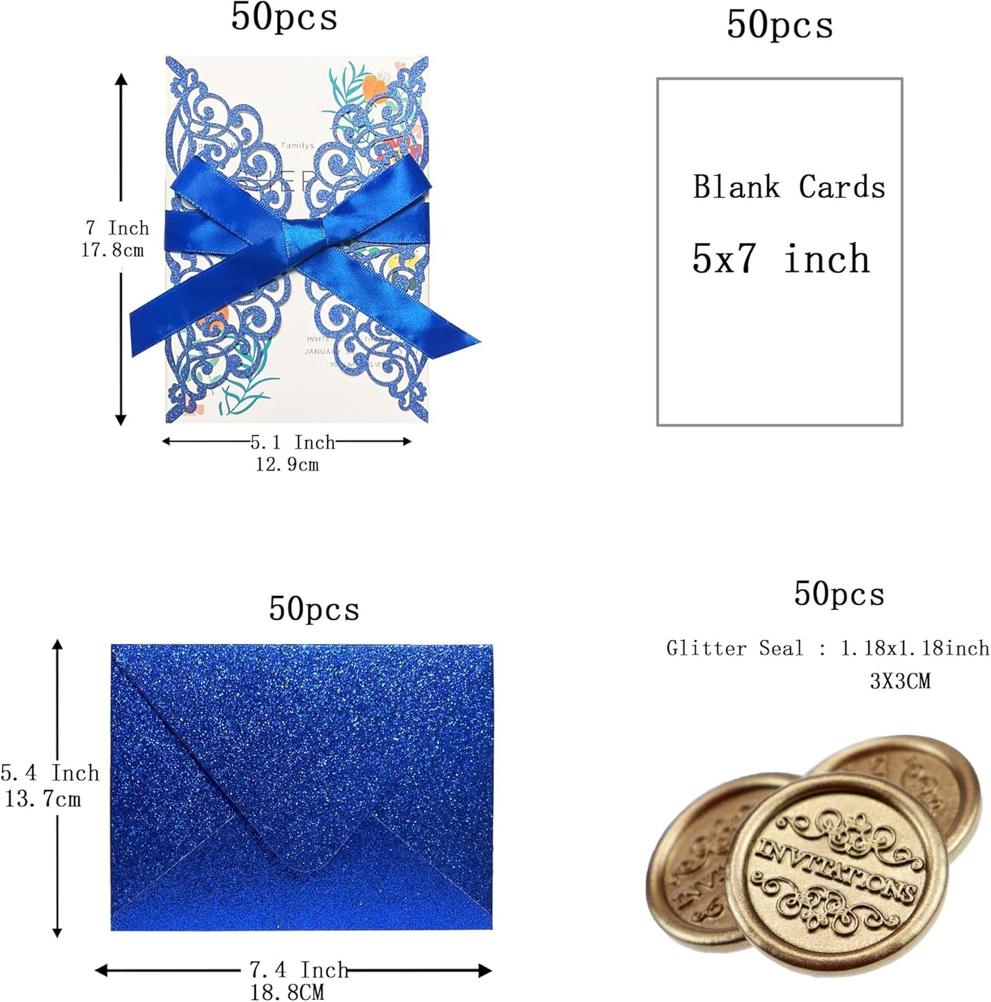 50Pcs Laser Cut Blue Wedding Invitation With Glitter Envelopes And Ribbons Blank Personalized Card Invitaciones Para quinceañera Birthday Baby Shower Christmas Party Bridal Shower