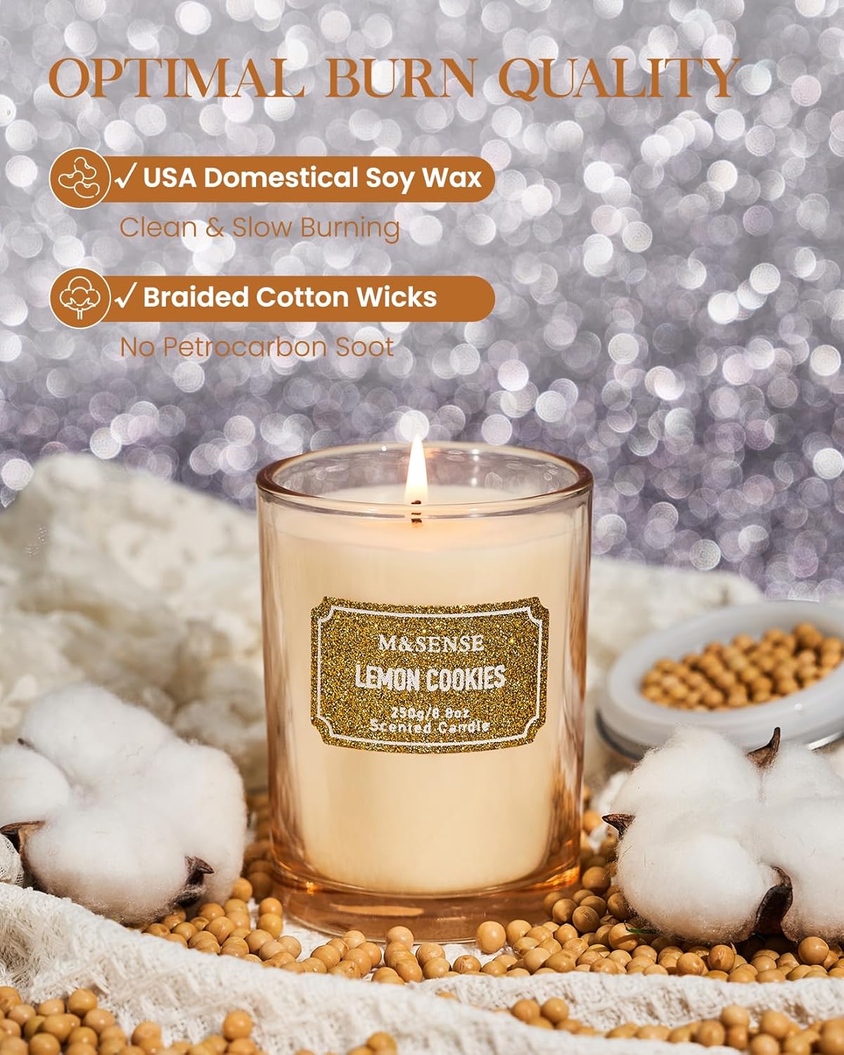 M&SENSE Lemon Scented Candle, Classic Size 8.8 oz Glitter Jar, Holiday Gifts for Women, Strong Scented Natural Soy for Winter Home Decor, 50 Hours Long Burning