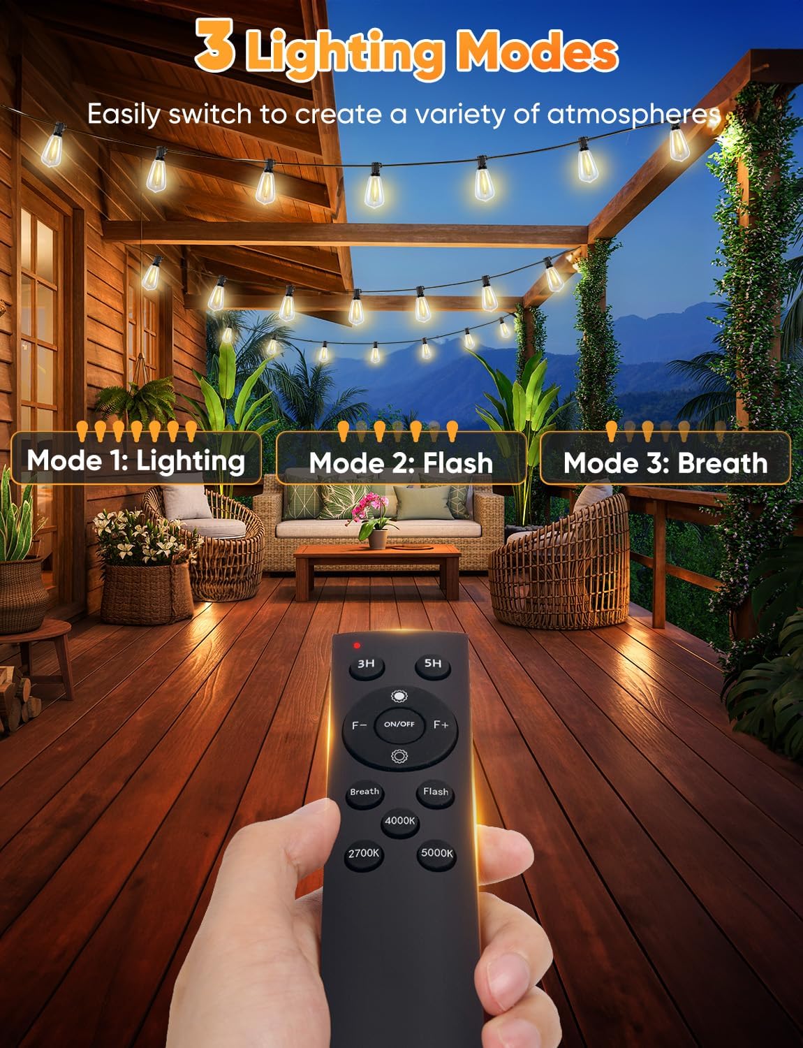 Brightever 60FT Outdoor String Lights with Remote, 3 Color in 1 LED String Lights for Outside with 19 Shatterproof ST38 LED Bulbs, 3 Modes 2 Timer Outside Lighting for Patio, Deck, 2700K/4000K/5000K