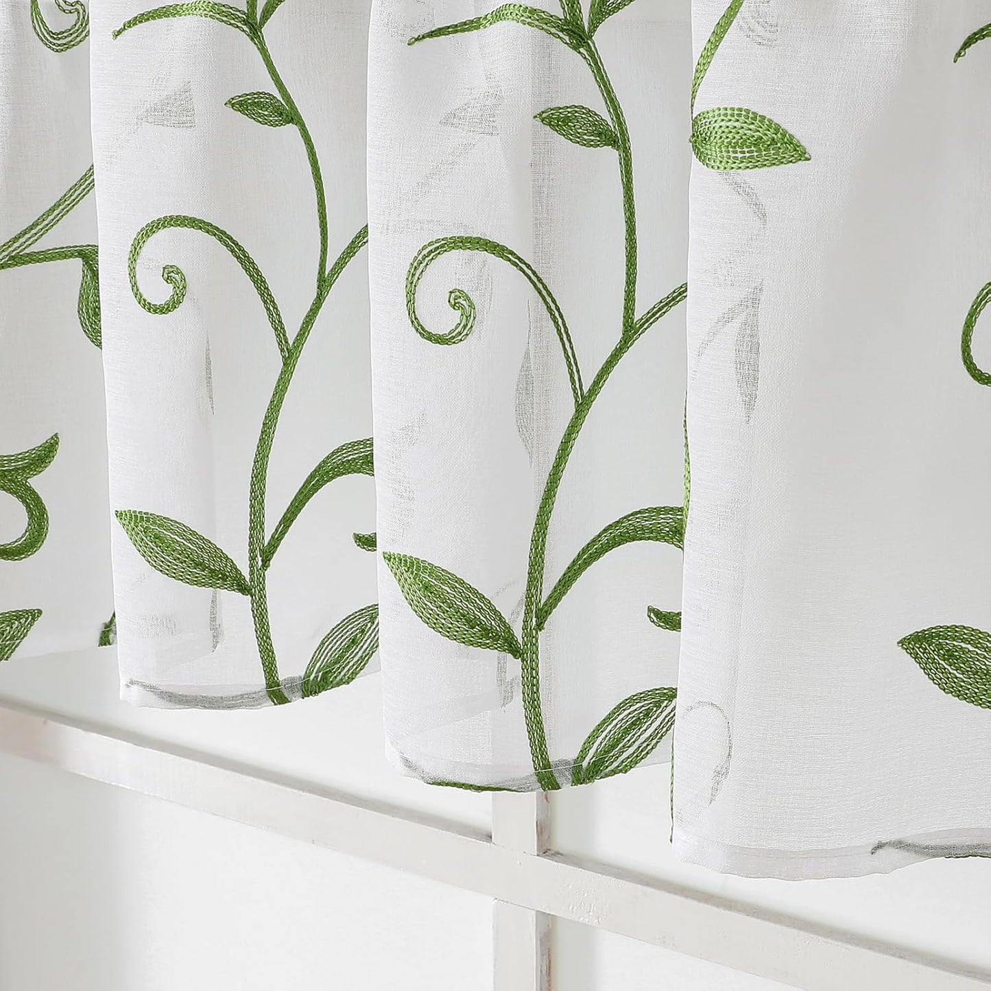 VISIONTEX Sheer Voile Curtain Valances, Decorative Leaves Embroidered, Rod Pocket Window Treatment for Kitchen/Rustic Bedroom/Living Room (54 x 16 Inch,1 Panel)