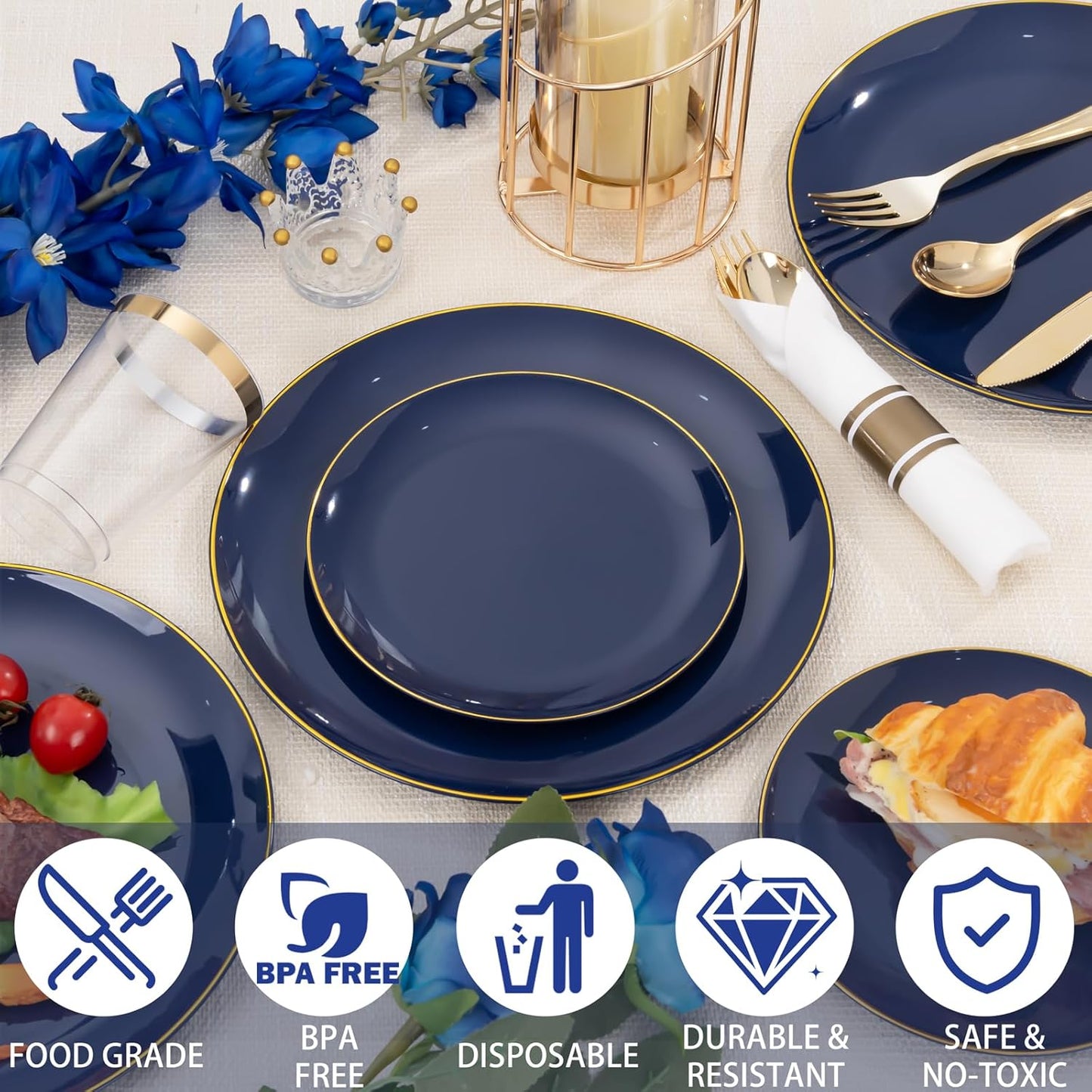 KIRE 350Pcs Blue and Gold Plates -Heavy Duty Navy Blue Dinnerware Set - 100 Plastic Plates 50 Pre Rolled Napkins with Gold Plastic Silverware 50 Cups for Upscale Birthday/Wedding/Parties