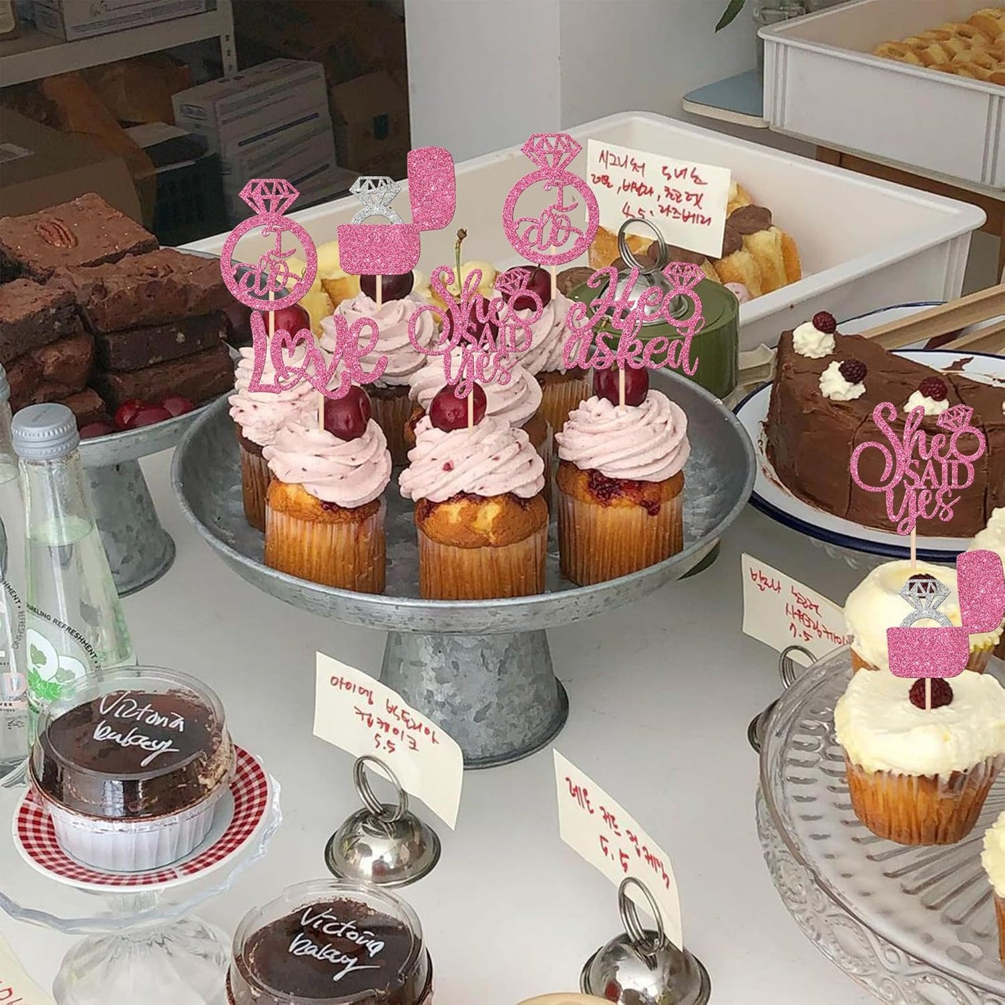 30 PCS He Asked She Said Yes Cupcake Toppers Diamond Ring Cupcake Picks Love I Do Cake Picks for Wedding Enaggement Bridal Shower Party Cake Decorations Supplies Pink