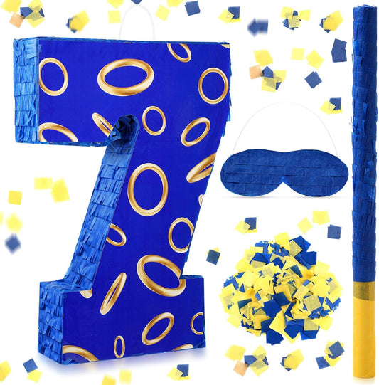 Number 7 Blue and Golden Rings Piñata for Kids Birthday Cartoon Theme Small Piñata with Blindfold Stick Confetti for Fiesta Cinco De Mayo Party Decor, 15.8 x 11 x 2.8 Inch