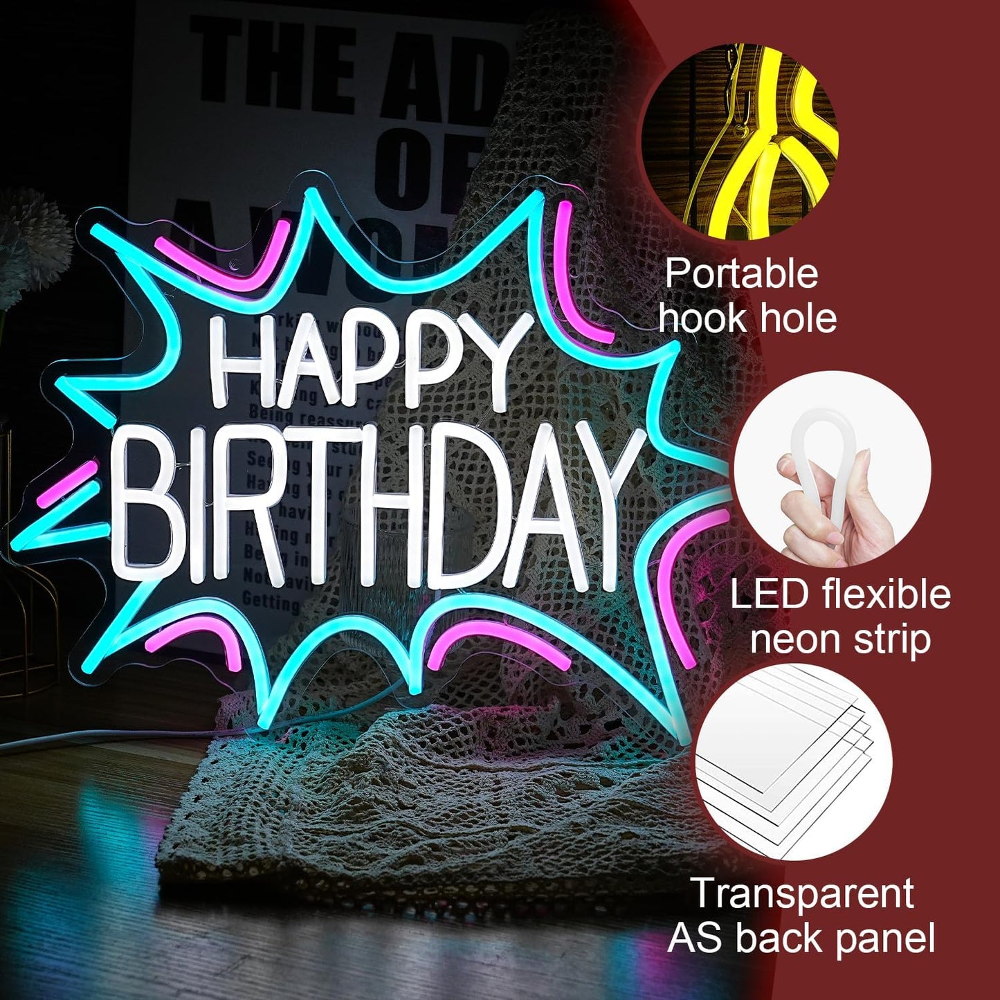 Happy Birthday Neon Sign Dimmable Celebrate Birthday Neon Light Powered by USB Gleaming LED Happy Birthday Lignt Up Sign for Birthday Paty Decoration Bedroom Birthday Gifts(16.7”*12.8”)