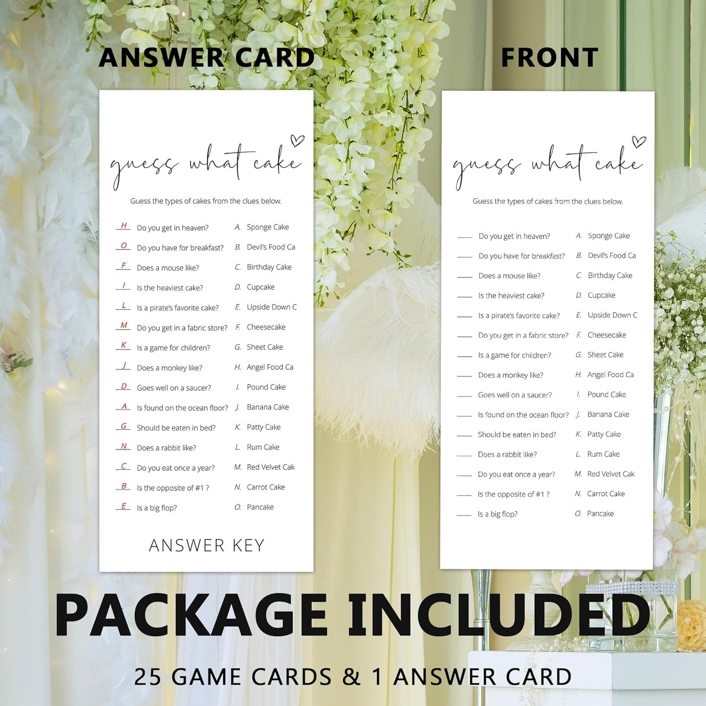 Bridal Shower Games, What Cake, 25Pcs 4x9inch Minimalist White Double-Sided Bridal Game Cards with 1 Answer Key, Wedding Shower Games for Guests, Engagement Bachelorette Party Supplies - A03