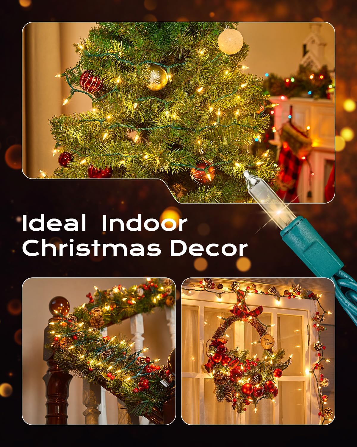 Brightown Clear Christmas String Lights, 200-Count 50ft Incandescent Bulb Mini Lights for Indoor Holiday Decor, Christmas Tree Garland Wedding Party Multi-Use Festival Decoration, Green Wire