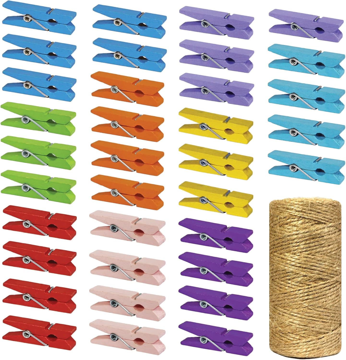 Mini Natural Wooden Clothespins with Jute Twine, 100pcs, 1.4 Inch Photo Paper Peg Pin Craft Clips with 320ft Natural Twine for Scrapbooking, Arts & Crafts, Hanging Photos (Assorted Colors)