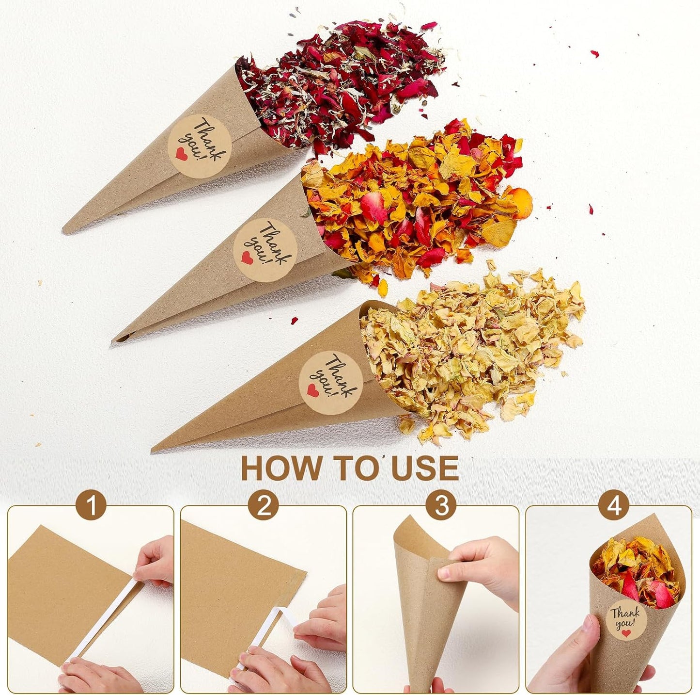 PATIKIL Dried Flower Confetti Cones, 30Pcs Paper Tapers Cone Holder with Dried Rose Petals / Sticker for Wedding Party Engagement Birthday DIY Decoration, Red/Yellow