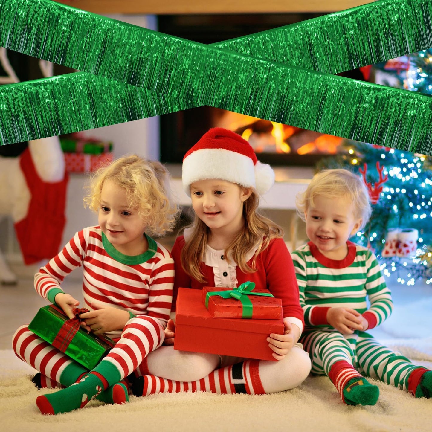 Green Christmas Decorations Tinsel Garland Parade Float Decorations for Trailer 4Pack 12FT Christmas Party Decor Ceiling Fringe Banner Green Backdrop for Streamers Party Decorations