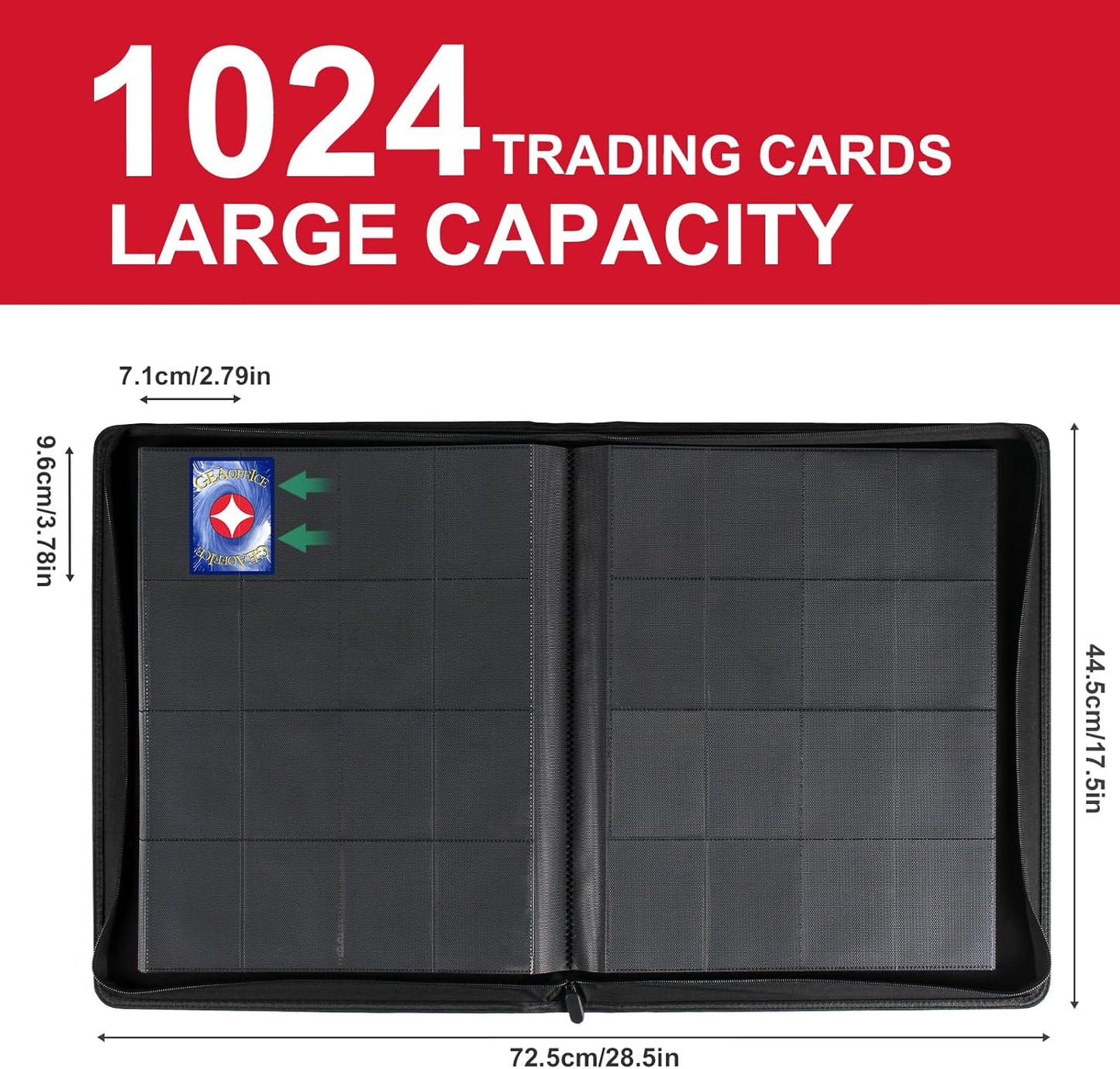 GEAoffice 16 Pockets Trading Card Binder for 1000+ Cards, Sturdy Large Side Loading Zipper Collection Binder for MTG, TCG, Game & Sport Cards, Red