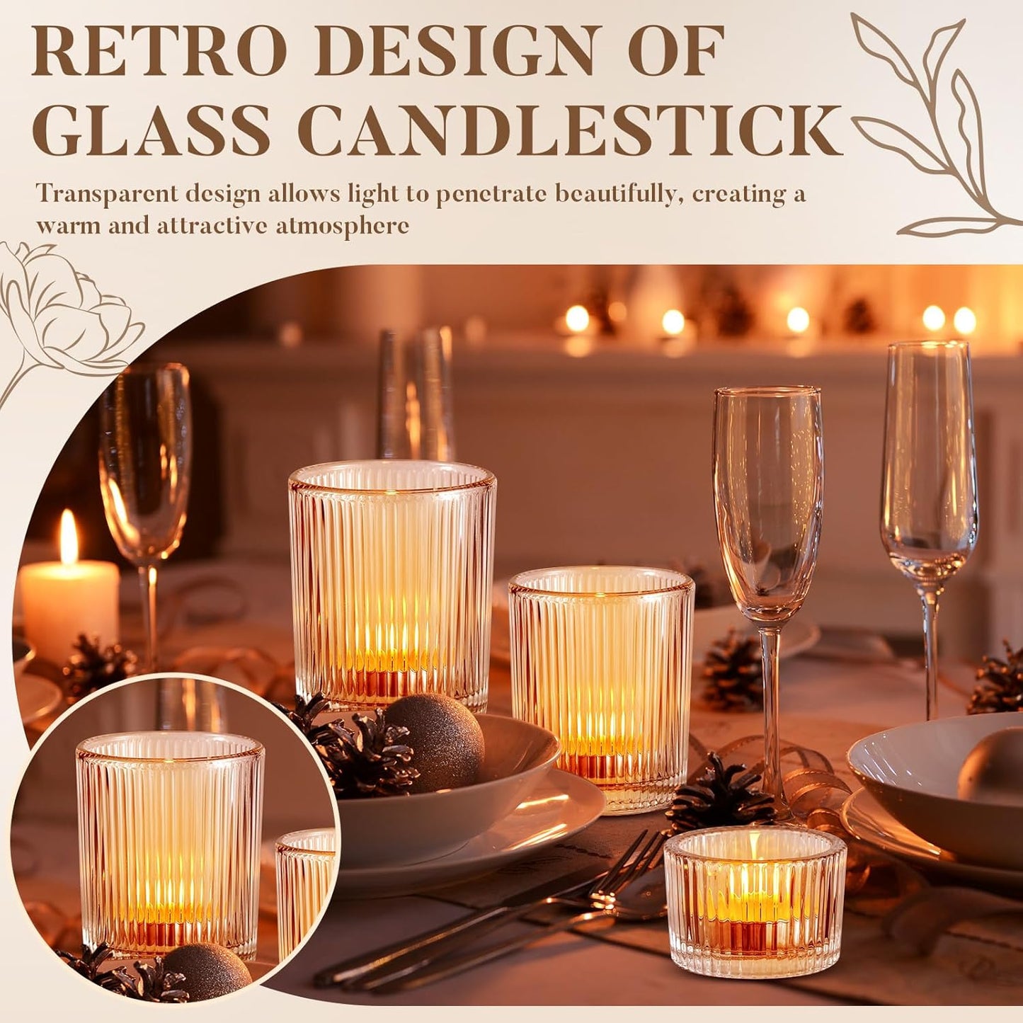 Mumufy 48 Pcs Assorted Votive Candle Holders Ribbed Glass Tealight Candle Holder Bulk for Table Centerpiece, Baby Shower, Home and Wedding Party Decoration (Clear)