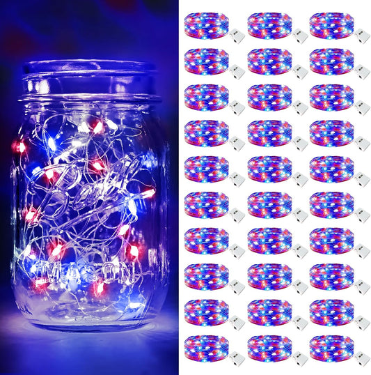 btfarm 4th of July Patriotic Fairy Lights Battery Operated, 30 Pack Red White Blue 3 Modes Twinkle String Lights, 7ft 20 Led Independence Day Mini for Mason Jars Vases Table Centerpiece Decorations