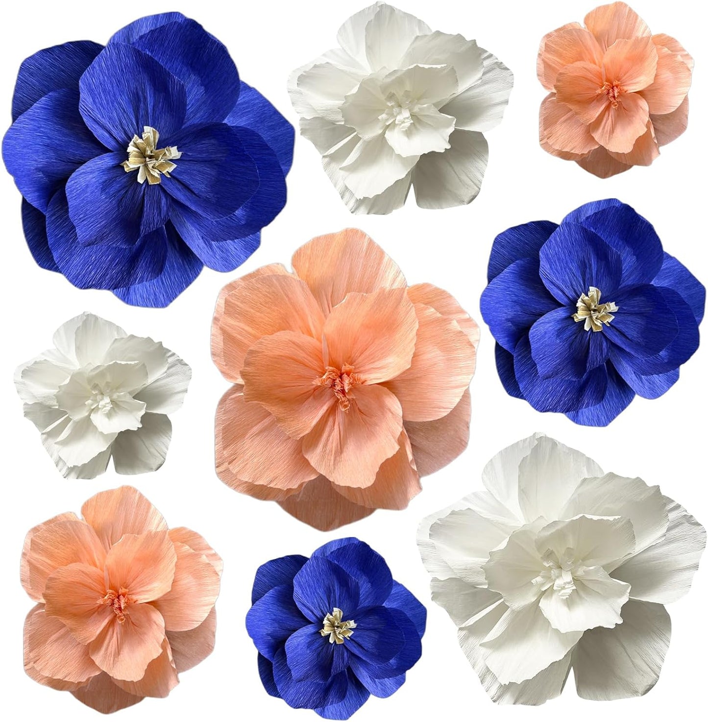 BRT Bearingshui Crepe Paper Flowers Decoration for Wall Total 9 Pcs, Artificial Flowers Backdrop for Wedding Decor Baby Bridal Shower Birthday Party, Navy Blue Coral White 3D Wall Flowers Decor