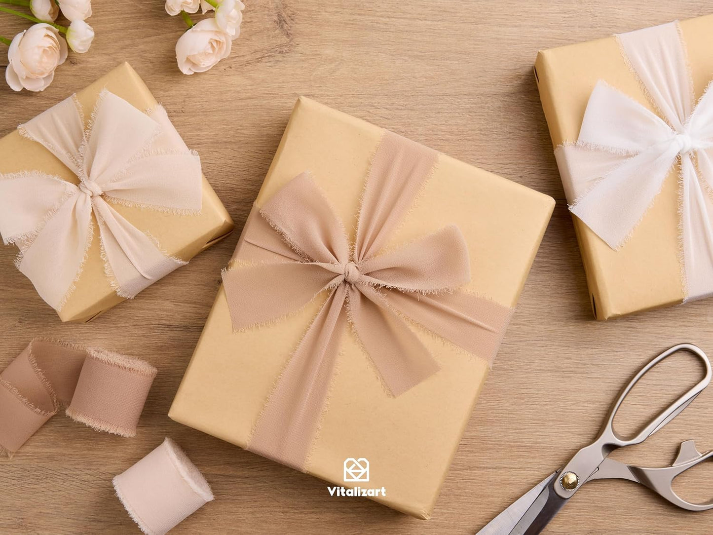 Vitalizart Handmade Chiffon Silk Ribbon Fringe 1.5" x 21 Yd White & Camel Frayed Edges Ribbons for Wedding Invitations Bridal Bouquets Gifts Wrapping Crafts Holiday Party Decorations