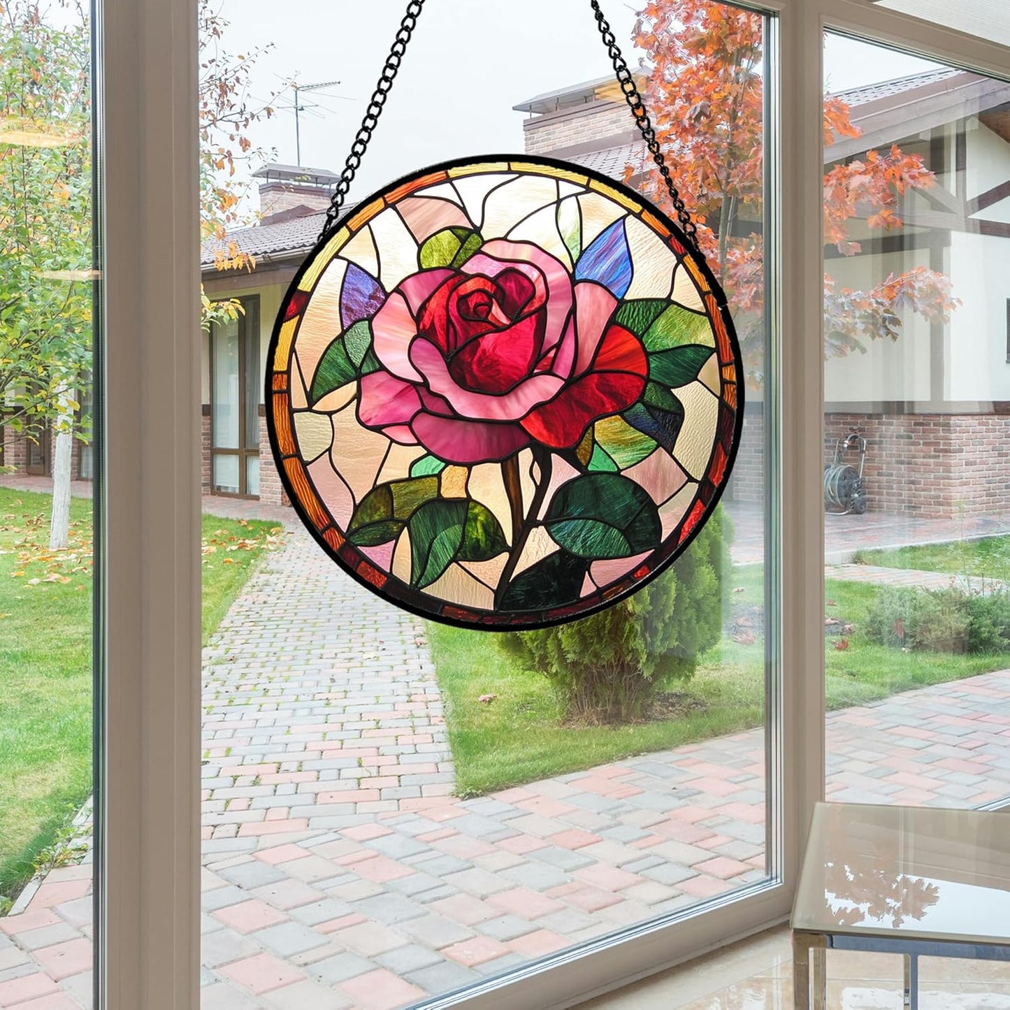 Stained Glass Window Hanging - Pink Rose Suncatcher for Door Garden Home Decor Birth Flower Sun Catcher Christmas Birthday for Friend Lovers Women Mom Nana 9.8 in