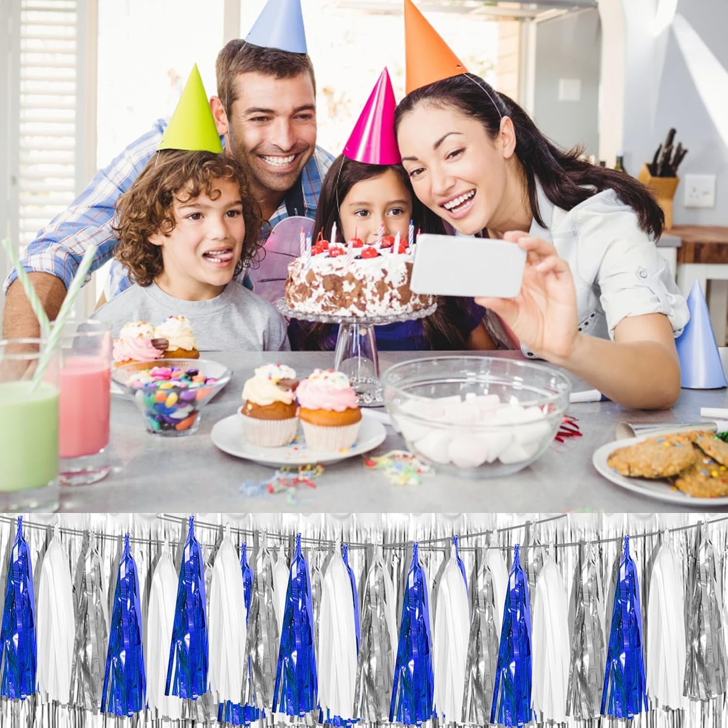 8P Navy-Blue White-Silver Tassel Garland Banner, Tassels Banner Streamers for Parade Floats, Bachelorette, Wedding, Birthday, Halloween, Christmas, Bridal/Baby Shower Gratulations Party Decorations