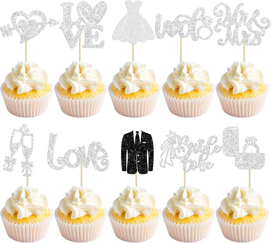 Ephlyn 30Pcs Bride to be Cupcake Toppers Glitter Diamond Ring Love I Do Cupcake Picks for Miss to Mrs Bridal Shower Wedding Engagement Bachelorette Cupcake Decorations Party Supplies Silver
