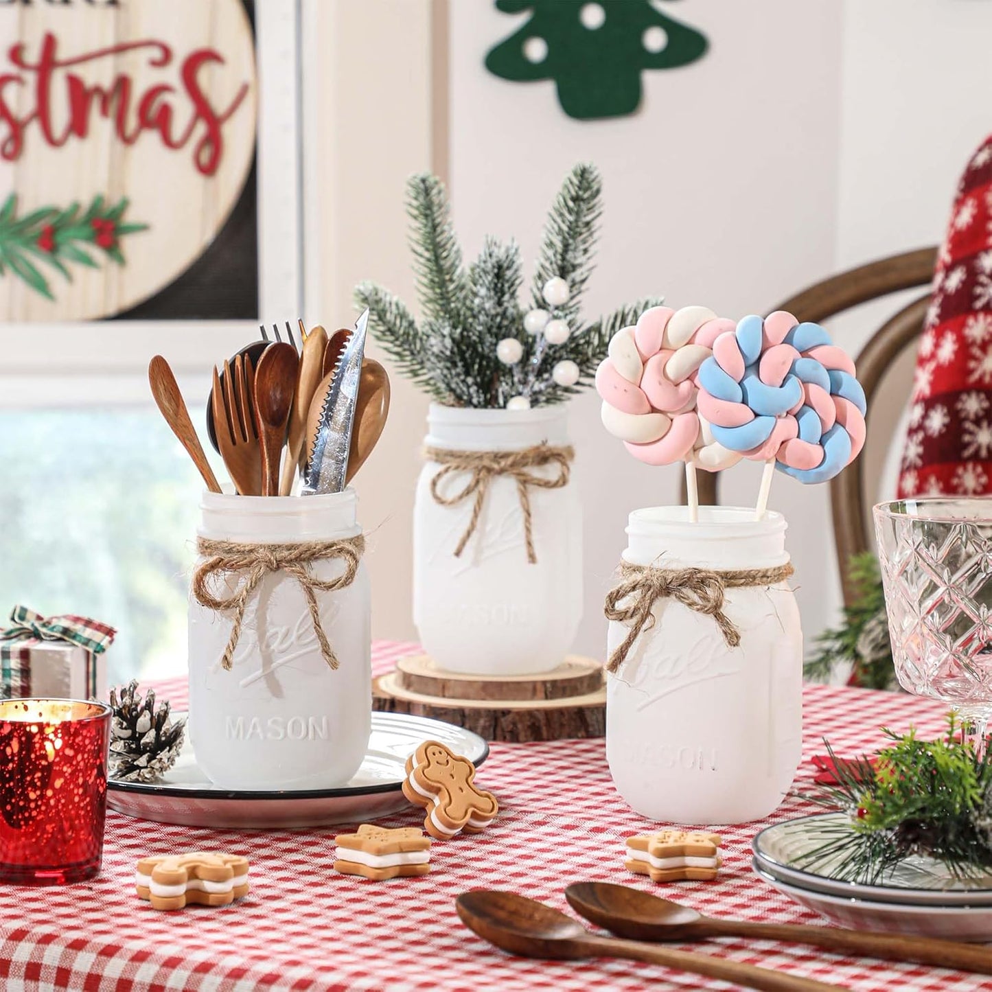 Mason Jars by Winter White, White Centerpieces & Wood Tray, 3 Decorative Jars for Home Table Decor, Farmhouse Dining Table & Kitchen Decorations